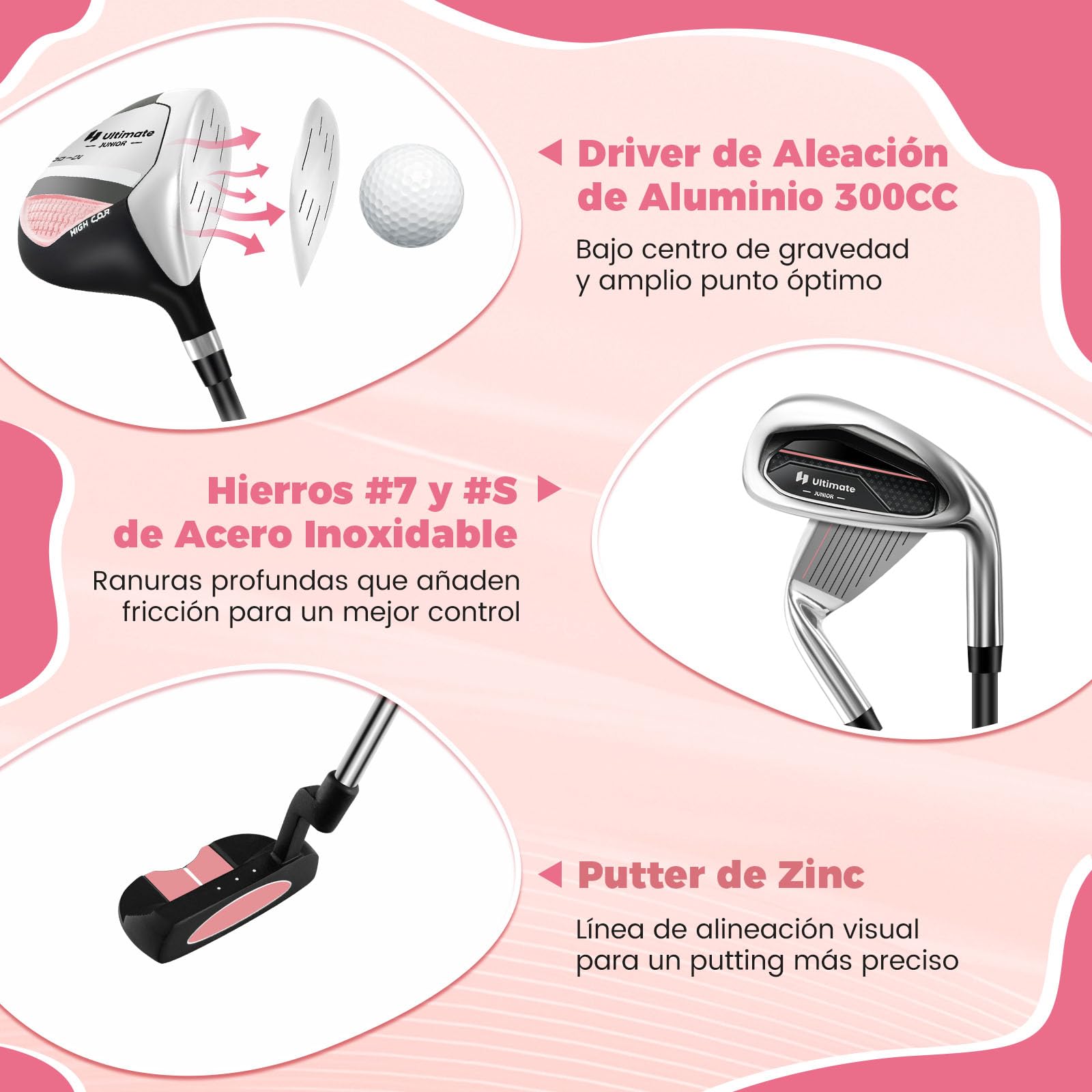 GYMAX Juego Completo de Palos de Golf para Niños de 11 a 13 Años, Incluye Bolsa de Golf, Funda para la Lluvia, Madera N.° 1, Híbrido N.° 5, Hierros N.° 7 N.° 9 N.° S, Putter