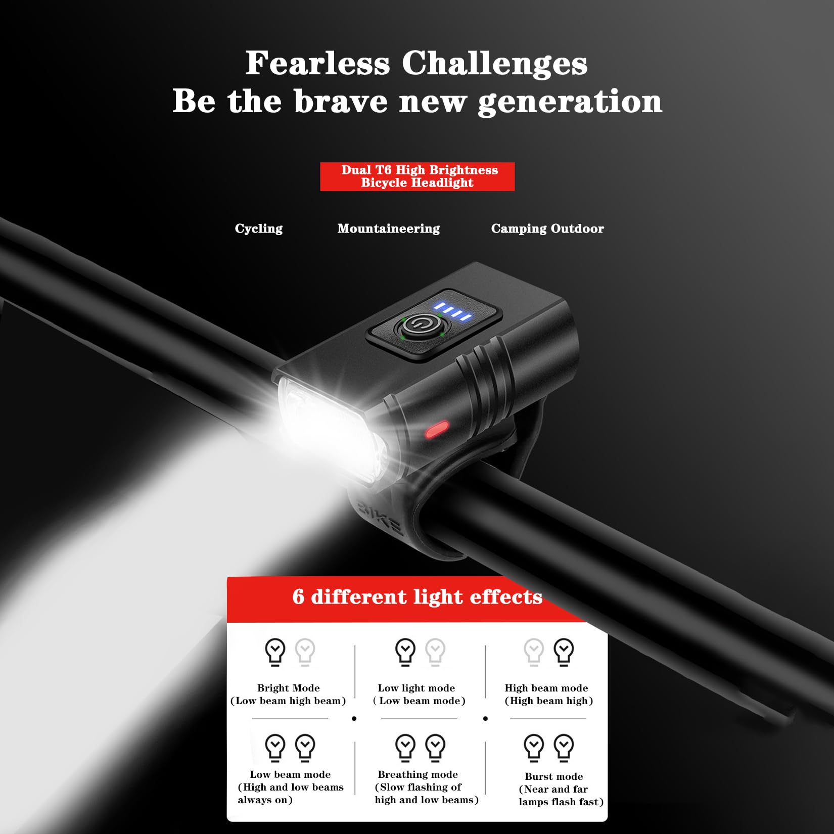 Kit d'éclairage pour vélo, 1200mAh-6 Feux de Vitesse-Chargeur USB-lumières tricolores-indicateur de Batterie, 6.5 * 3.7 * 2.5CM