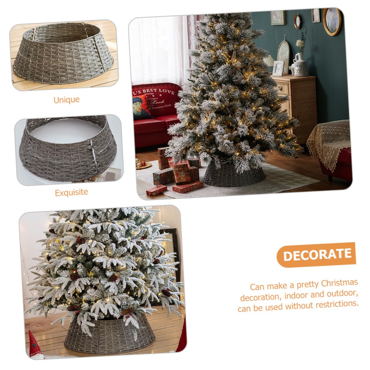 OSALADI Gonna Intrecciata in Rattan per Albero di Natale, Copri Base Grigio Piccolo Supporto per Alberi Artificiali, Adatta per Decorazioni Natalizie e Ambienti Festivi