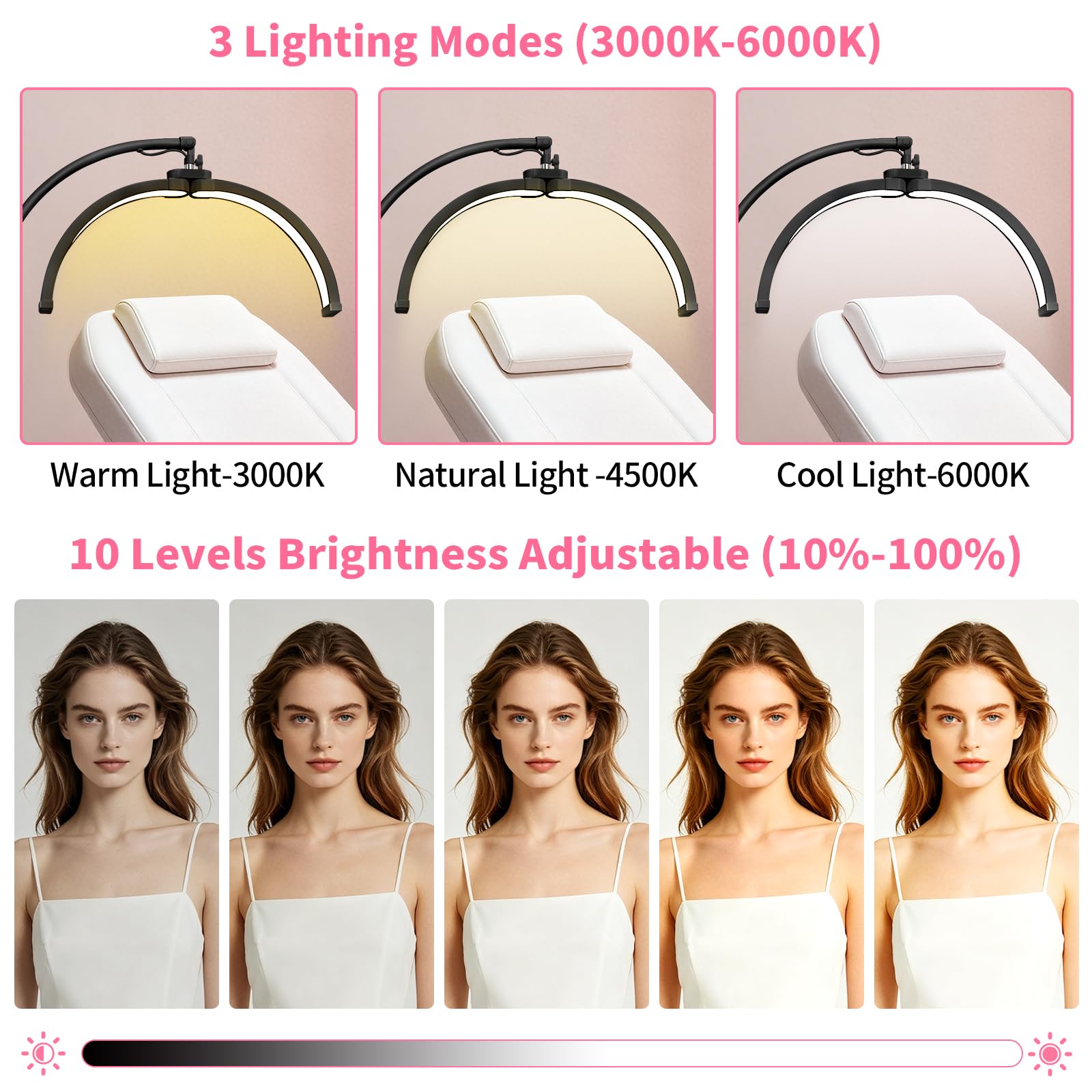 Lampe Extension de Cils Demi-lune Pliable LED avec Support de Téléphone 360° Rotative Luminosité et Hauteur Réglable Noir