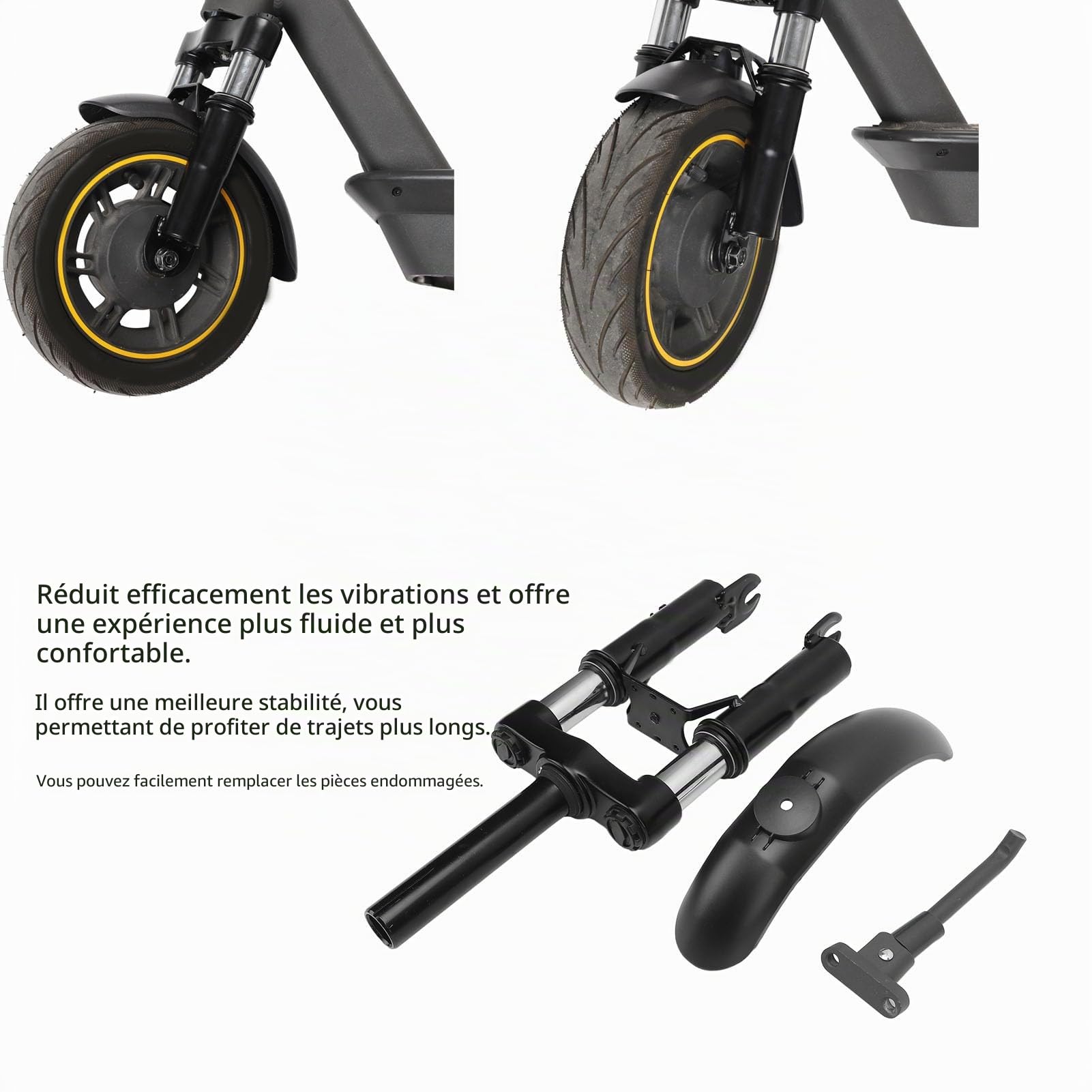 Kit de Fourche de Suspension Avant de Scooter Électrique pour Xiaomi M365/M365 Pro/M365 Pro 2/1S, Fourche Avant de Amortisseur de Trottinette Électrique avec Garde-Boue et Support de Pied