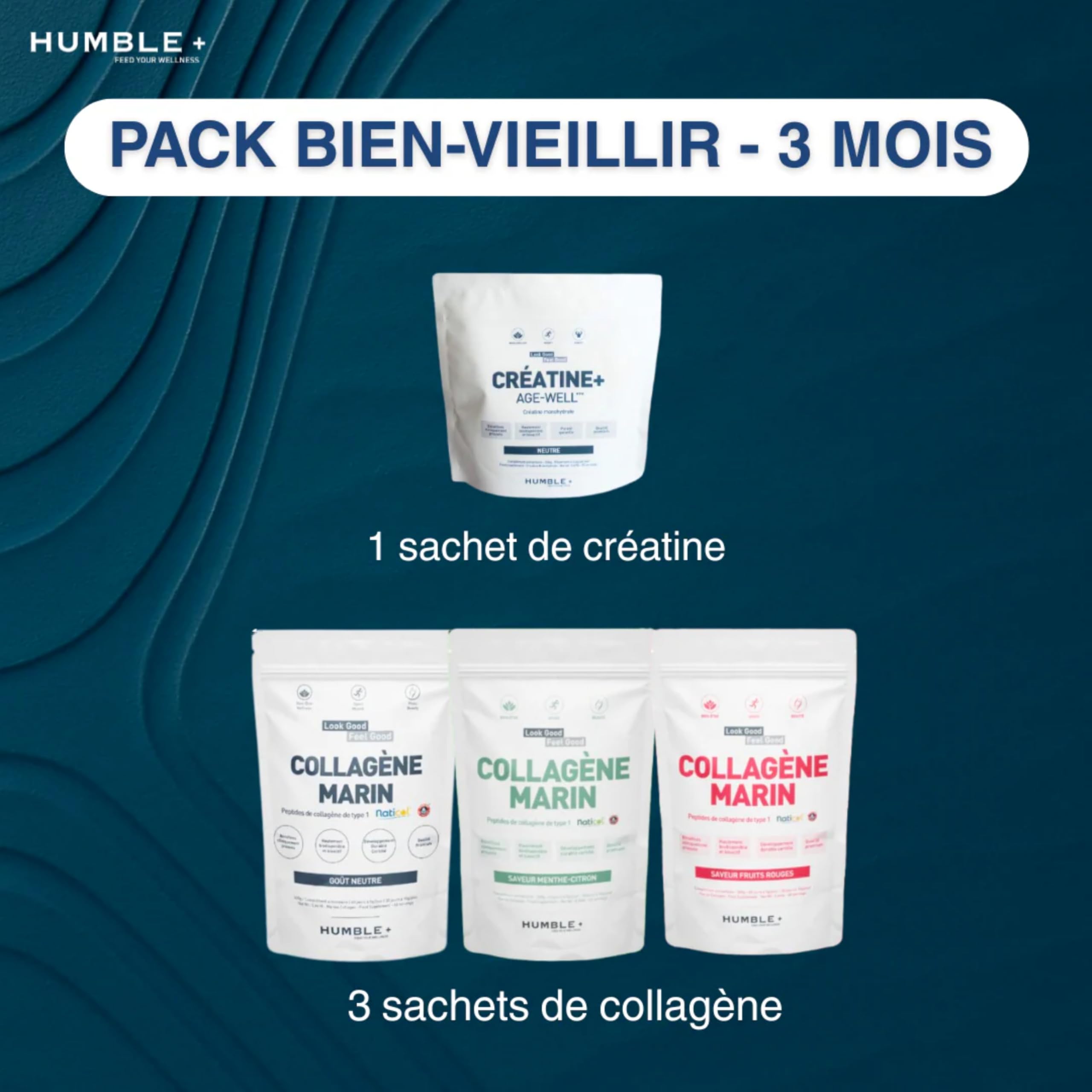 HUMBLE+ Pack Bien Vieillir 3 Mois - Collagène Naticol + Créatine - 2 kg | Peptides Marins & Monohydrate en Poudre - Programme sur Plusieurs Semaines - Complément Alimentaire - Marque Française