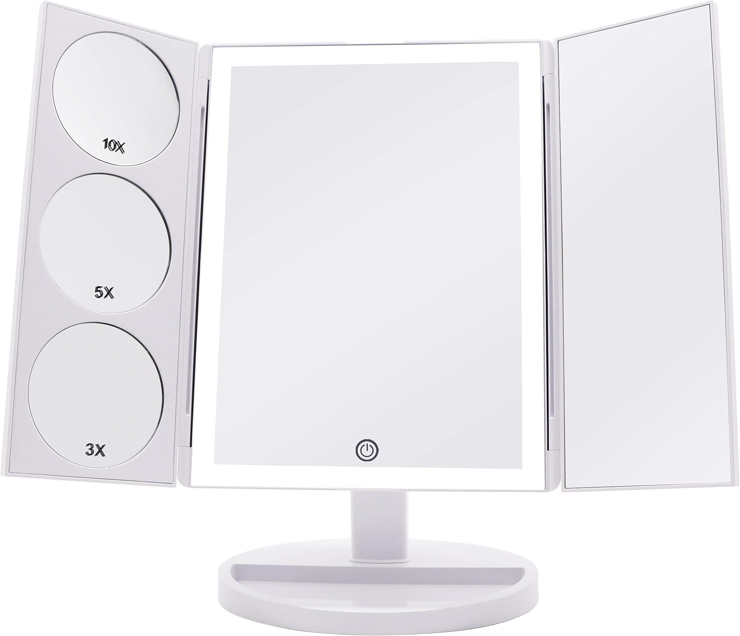 Milzie Makeup Vanity Mirror with 44 Natural White LED Lights, 3x 5x 10x Magnification Lighted Makeup Mirror, Extra Large Unique Tri-Fold Design, Countertop Cosmetic Mirror, White, X-Large Model