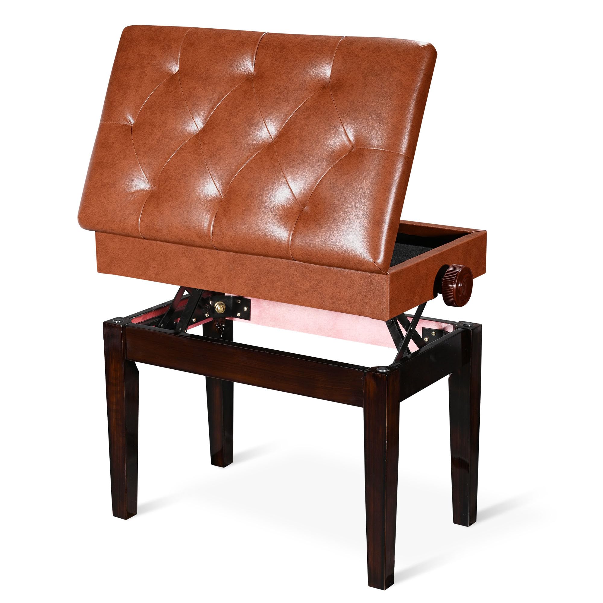 AW Adjustable Piano Bench with Storage Brown Wooden Keyboard Stool Seat Leather Cushion Paino Chair for Piano Shop Music School Studio Capacity 400lbs