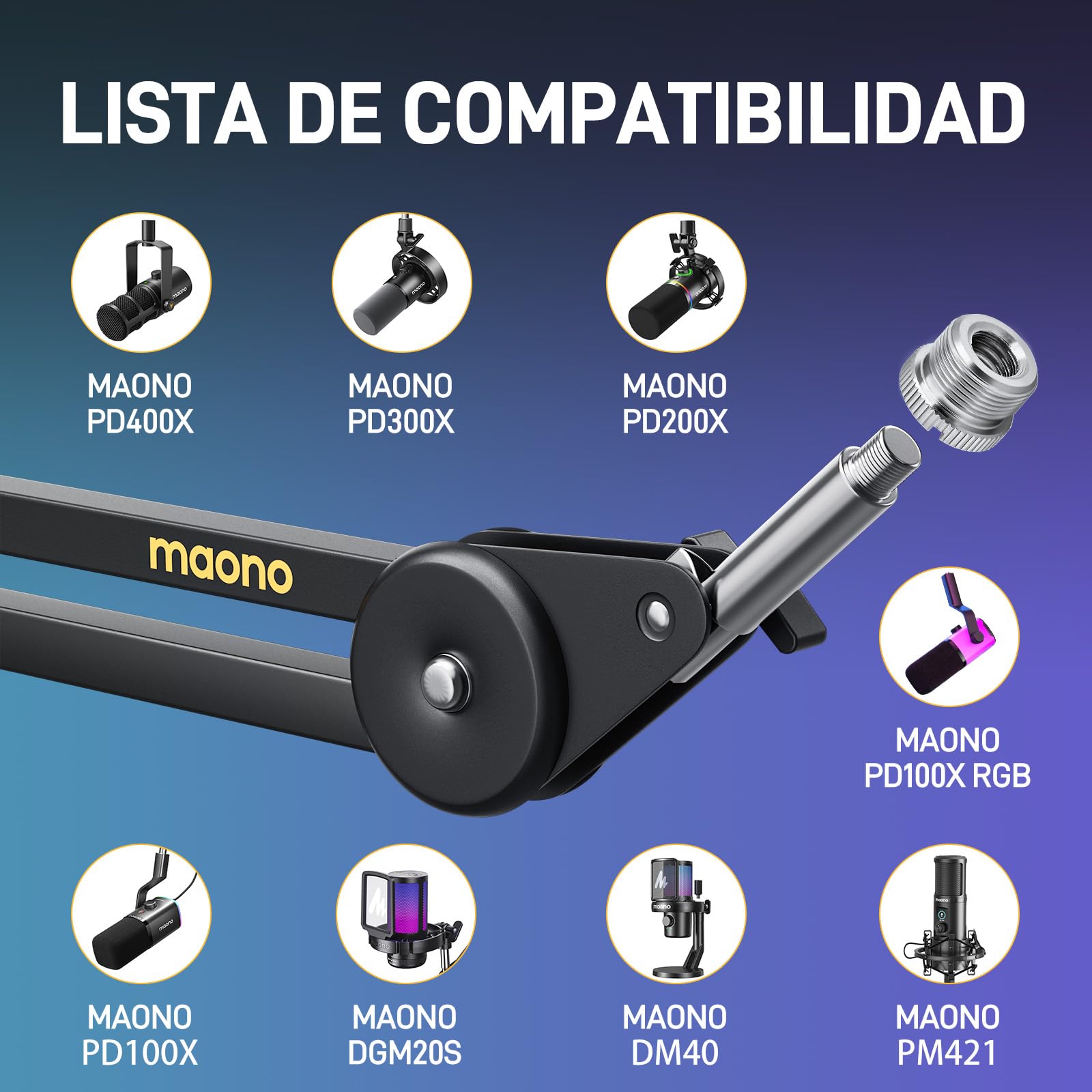 MAONO Brazo Microfono Ajustable, Soporte con Adaptador 3/8" a 5/8", Compatible con Blue Yeti, HyperX QuadCast/SoloCast, Elgato Wave, FIFINE, Ideal para Podcast, Streaming, Juegos, BA37 Negro