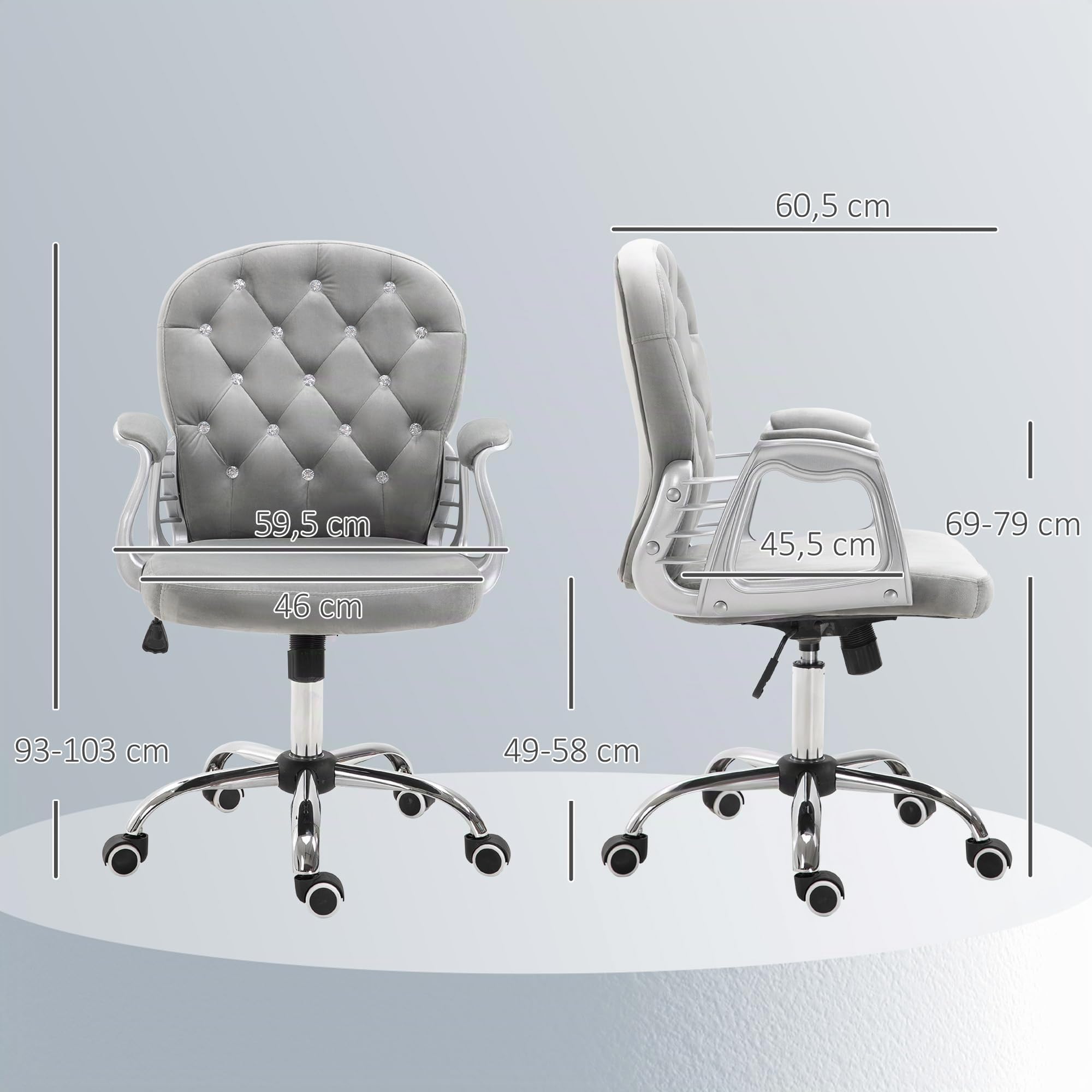 Vinsetto Silla de Oficina Giratoria con Altura Ajustable 120 kg Gris | Silla de Escritorio, Tapizada en Terciopelo, Reposabrazos, Decoraciones de Diamantes, para Estudio Dormitorio