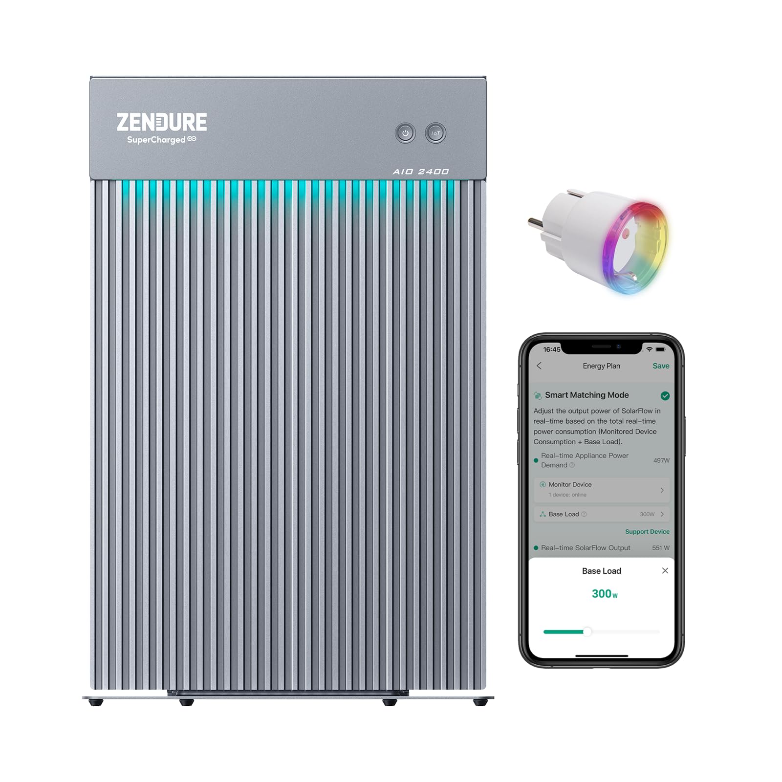 Zendure AIO2400 Centrale Elettrica da Balcone, con Accumulo, 2400 Wh LiFePO4, Ingresso Solare 1200 W, Uscita 1200 W, con Shelly Pro 3EM, Design Monopezzo, app, IP65, 0 dB, con Shelly Plus Plug S