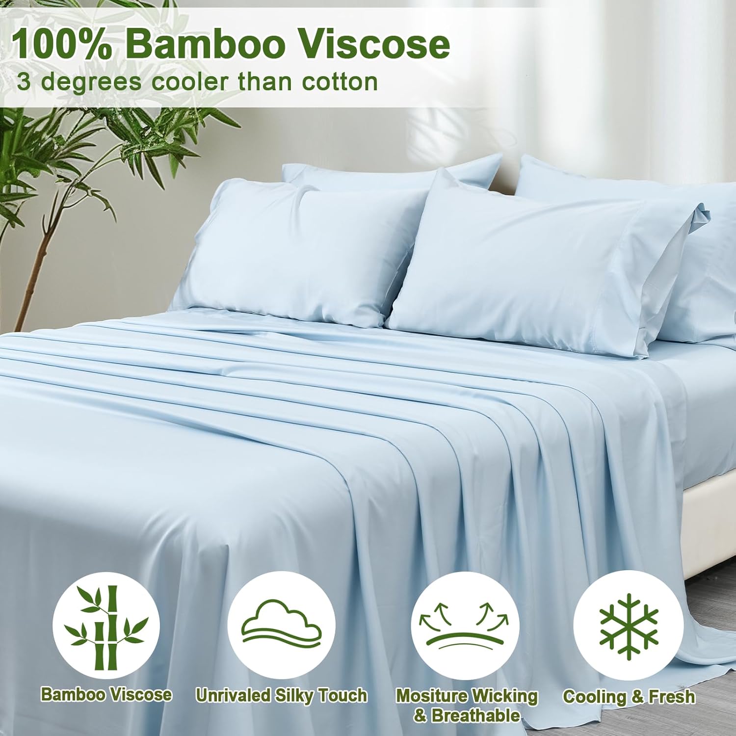 PHF 6PCS 100% Rayon Derived from Bamboo_ Sheets Set King Size, Cooling Sheets for Hot Sleepers, Wider Elastic Band & 16" Deep Pocket, Luxury Silky Soft Breathable Bedding Set & Pillowcase, Sky Blue