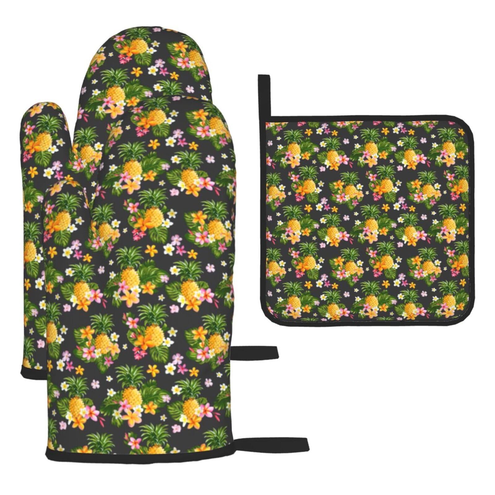 Tropical Pineapple Hawaiian Print Oven Set Kitchen Gloves Baking Grilling Microwaving Cooking Gift Everyday Holiday