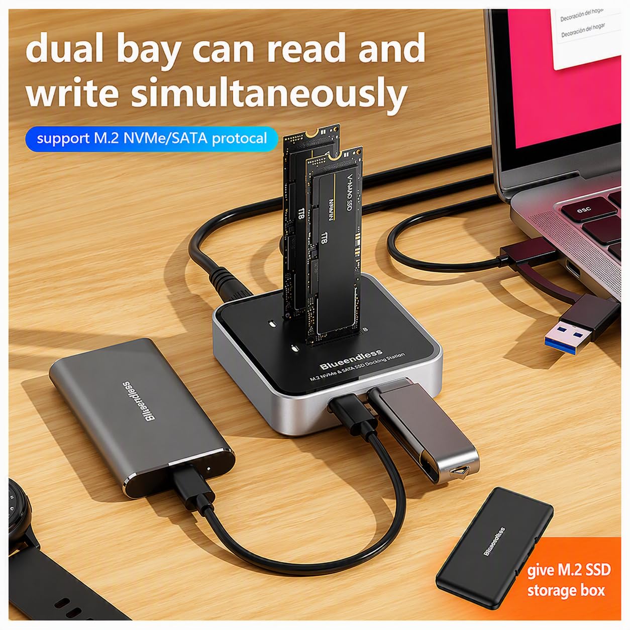 Docking station SSD M.2 NVMe e SATA USB-C 10Gbps, dock dual per 2 SSD M.2 NVMe/NGFF SATA, alloggiamento in alluminio, fino a 16 TB, compatibile con Windows, Mac, PC e laptop