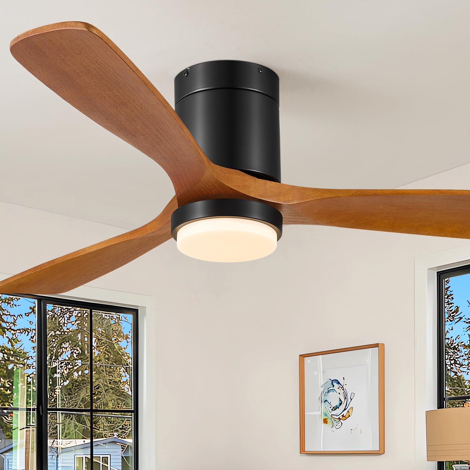 Photo 1 of ** FACTORY SEALED ** Forrovenco Ceiling Fans with Lights, 52 Inch Flush Mount Outdoor Ceiling Fan Low Profile, 3 Wood Blades, ETL Listed, Timer, 6 Speeds Reversible DC Motor Modern Fans for Bedroom, 52in, Brown and Black
