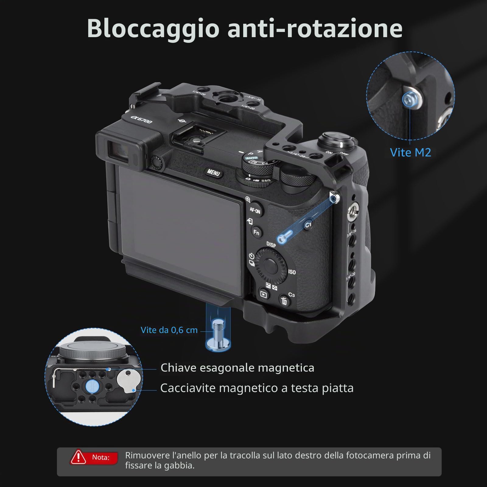 Nitze A6700 Cage, Gabbia per Sony Alpha 6700 Fotocamera con Morsetto per Incorporato Cold Shoe, NATO Rail e Piastra Sgancio Rapido Arca - T-S12A