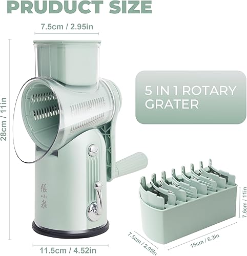 Miniatura 4 de Rallador de queso giratorio con manivela manual de 5 en 1 con cuchillas intercambiables y base de succión fuerte para verduras, triturador manual y