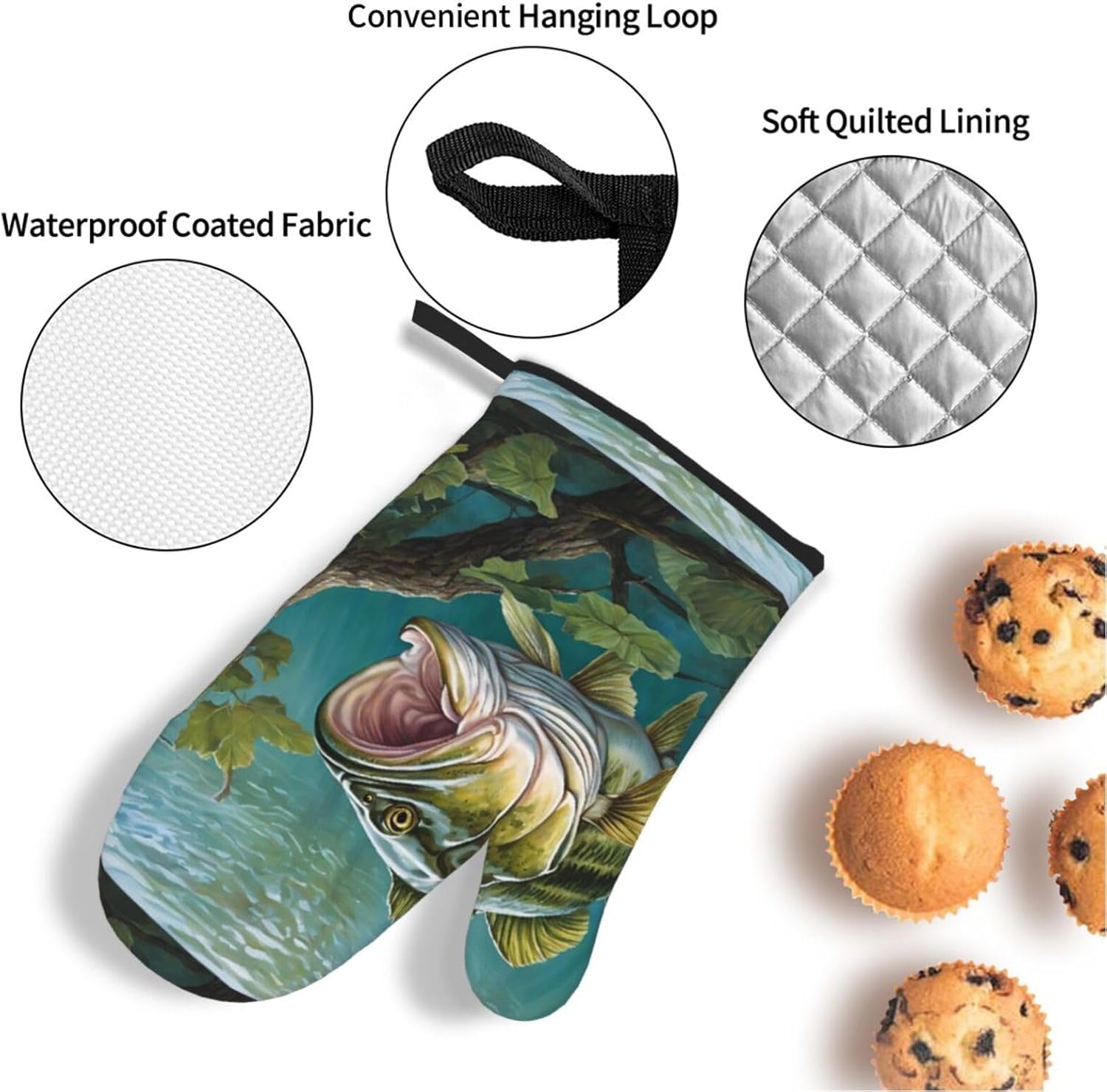 (Bass Fishing Wave) Baking 4-Piece Set: 2 Oven Mitts and 2 Pot Holders Heat Resistant Waterproof Hanging Loop for Kitchen Oven Grill Housewarming Gifts