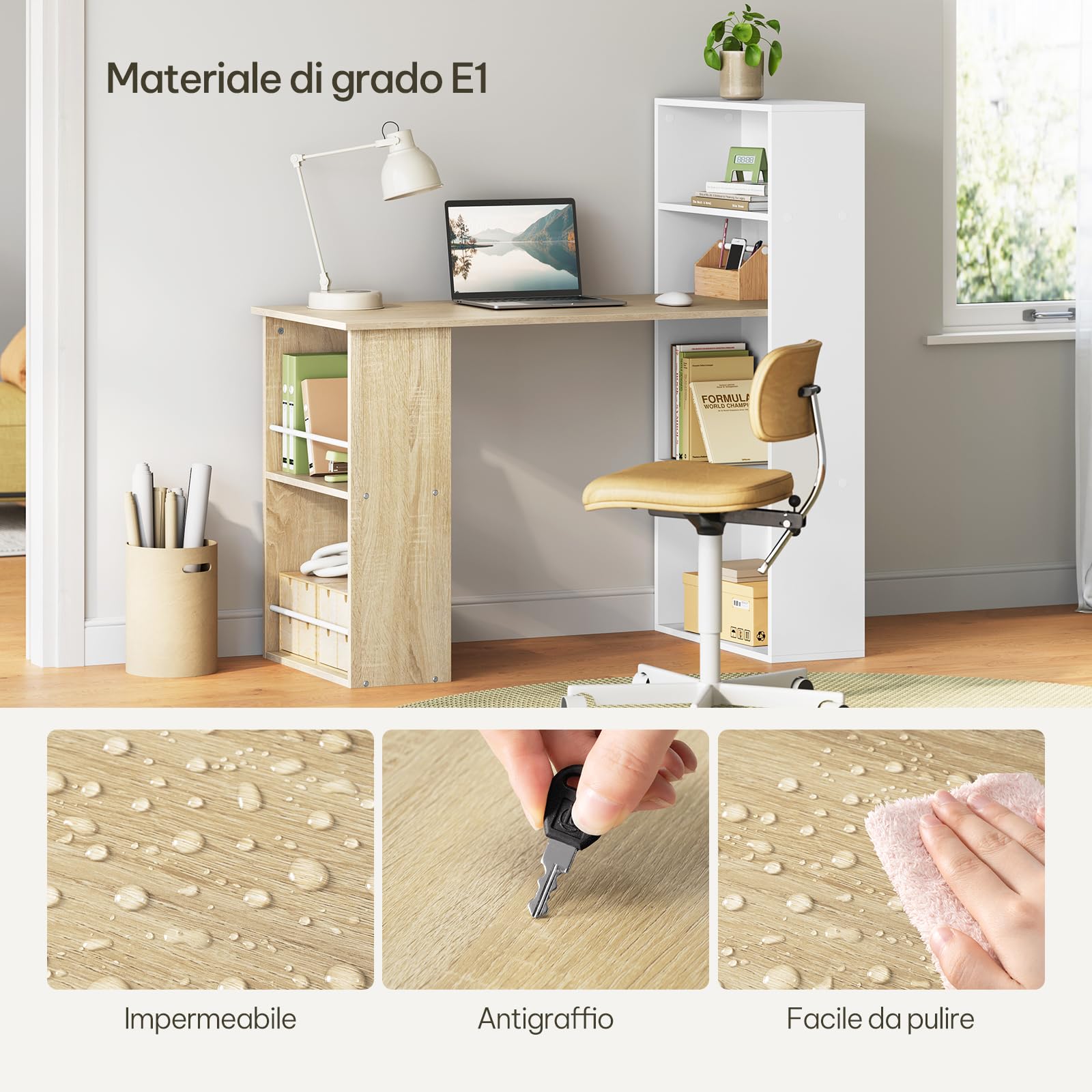 eSituro Scrivania Ufficio Compatta con Libreria Integrata - Design Salvaspazio per Studio/Camera, 120x55x122 cm, Bianco Lucido e Rovere Naturale