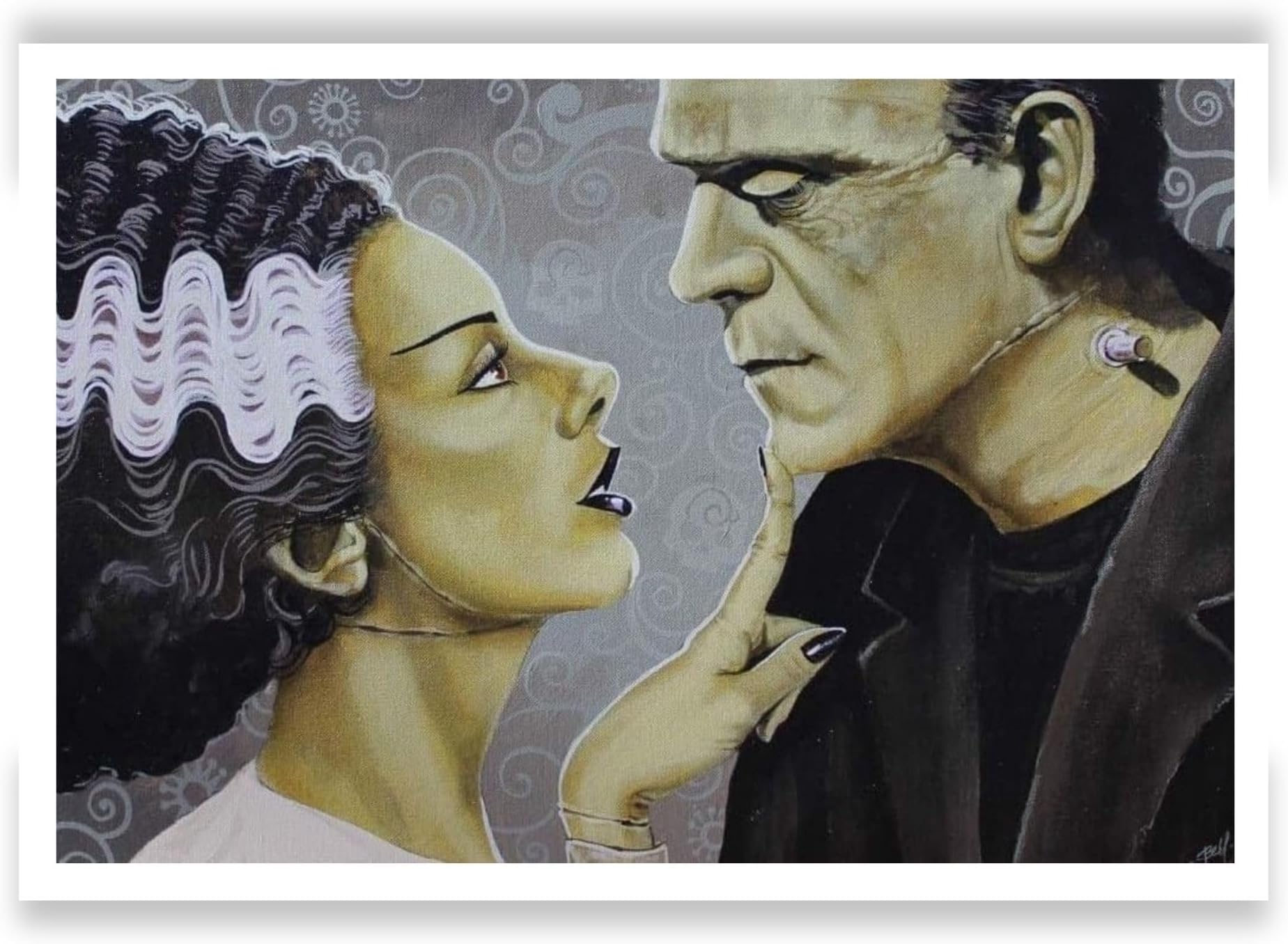 Flirtationship by Mike Bell Frankenstein & Bride of Frankenstein Monster Love Wall Art Print, Unframed Semi-Gloss Paper, Monster Art, Horror Art, Made in the USA, 12x18 Inches