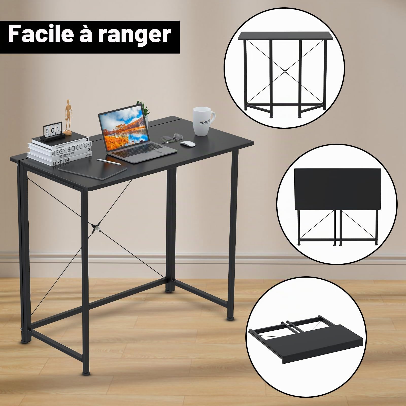 PIPIPOXER Table de Bureau Pliante 80x45x75cm, Bureau d'Ordinateur, Petit Table d'Ordinateur Bureau Pliable, Cadre en Métal, Bureau Pliant pour Étudier, Travailler, Chambre, Imperméable, Noir