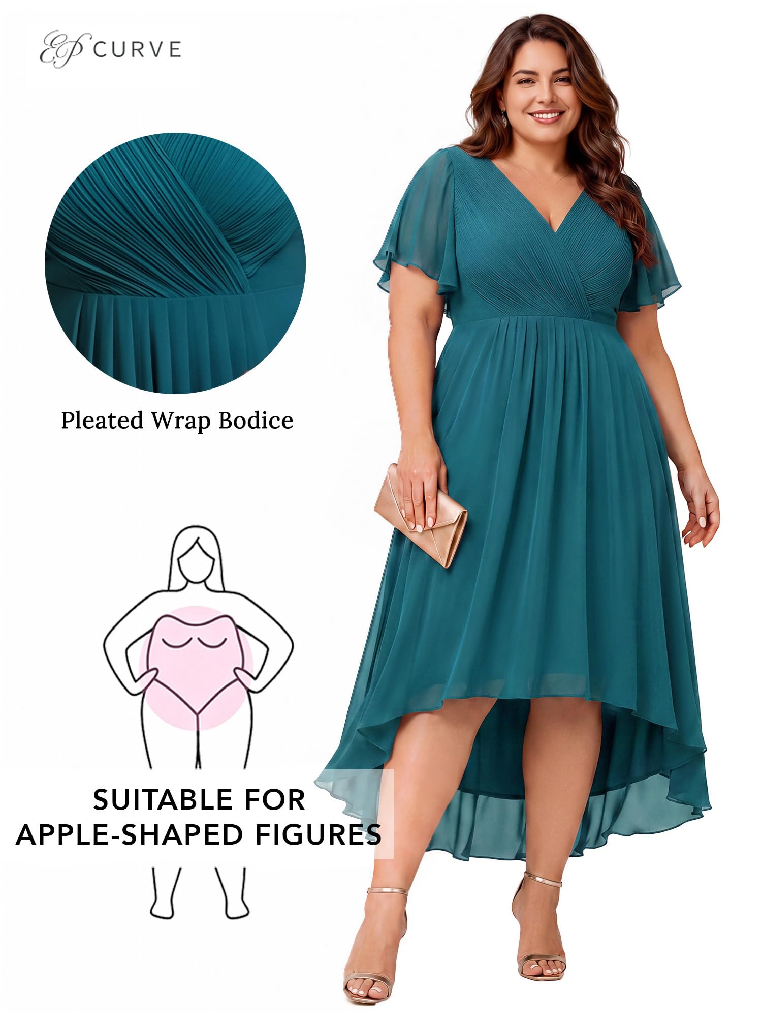 Ever-Pretty Una Linea Increspato Scollo A V Chiffon Maniche Corte Al Ginocchio Plus Size Abiti da sposa per le donne Curvy 01923-DA, Verde acqua, 56