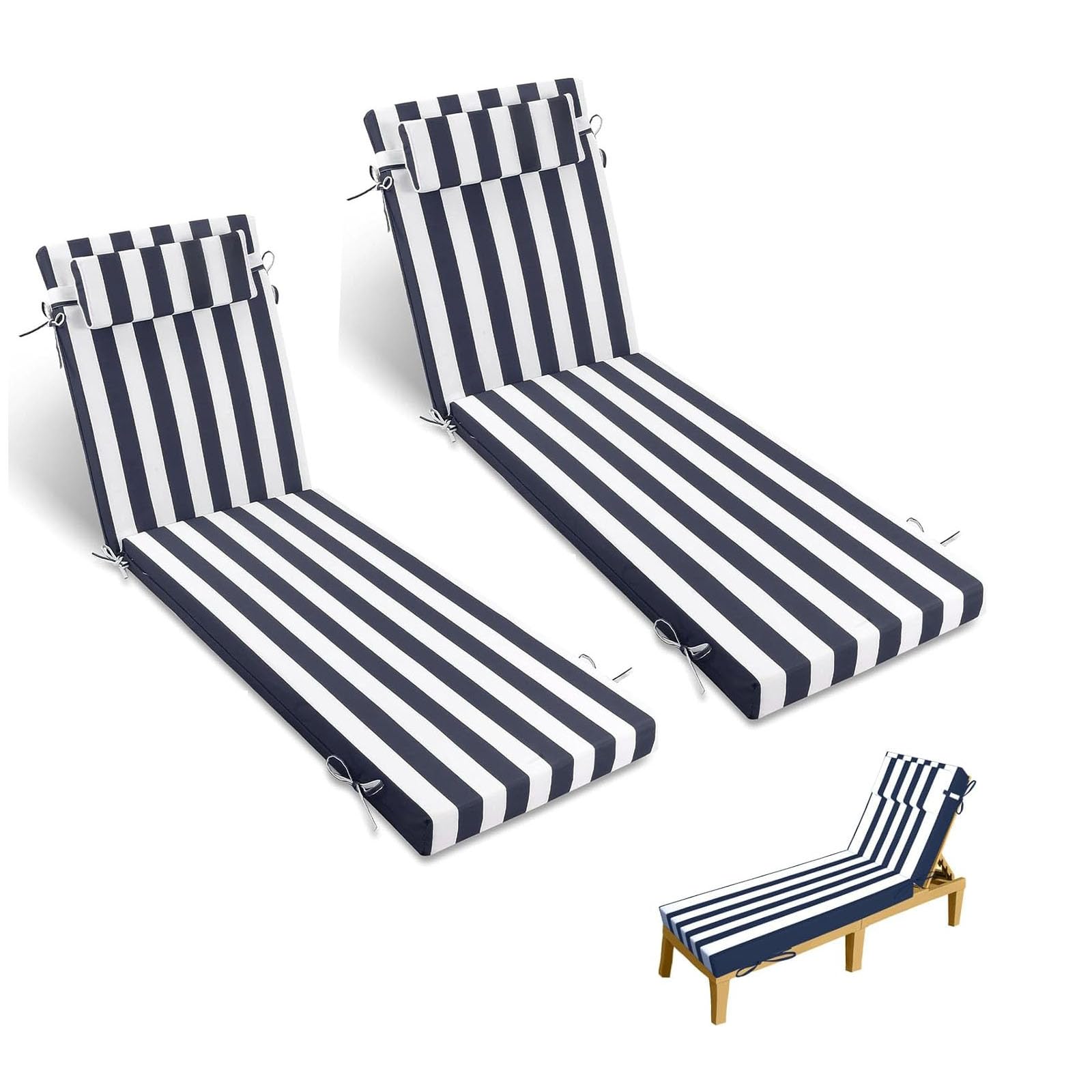 Outdoor Chaise Lounge Cushion Anti-Fading Patio Recliner Chairs Cushions with Ties, Waterproof Lounge Chair Cushion for Garden Lawn Pool Resort,2PCS, Gray white stripes