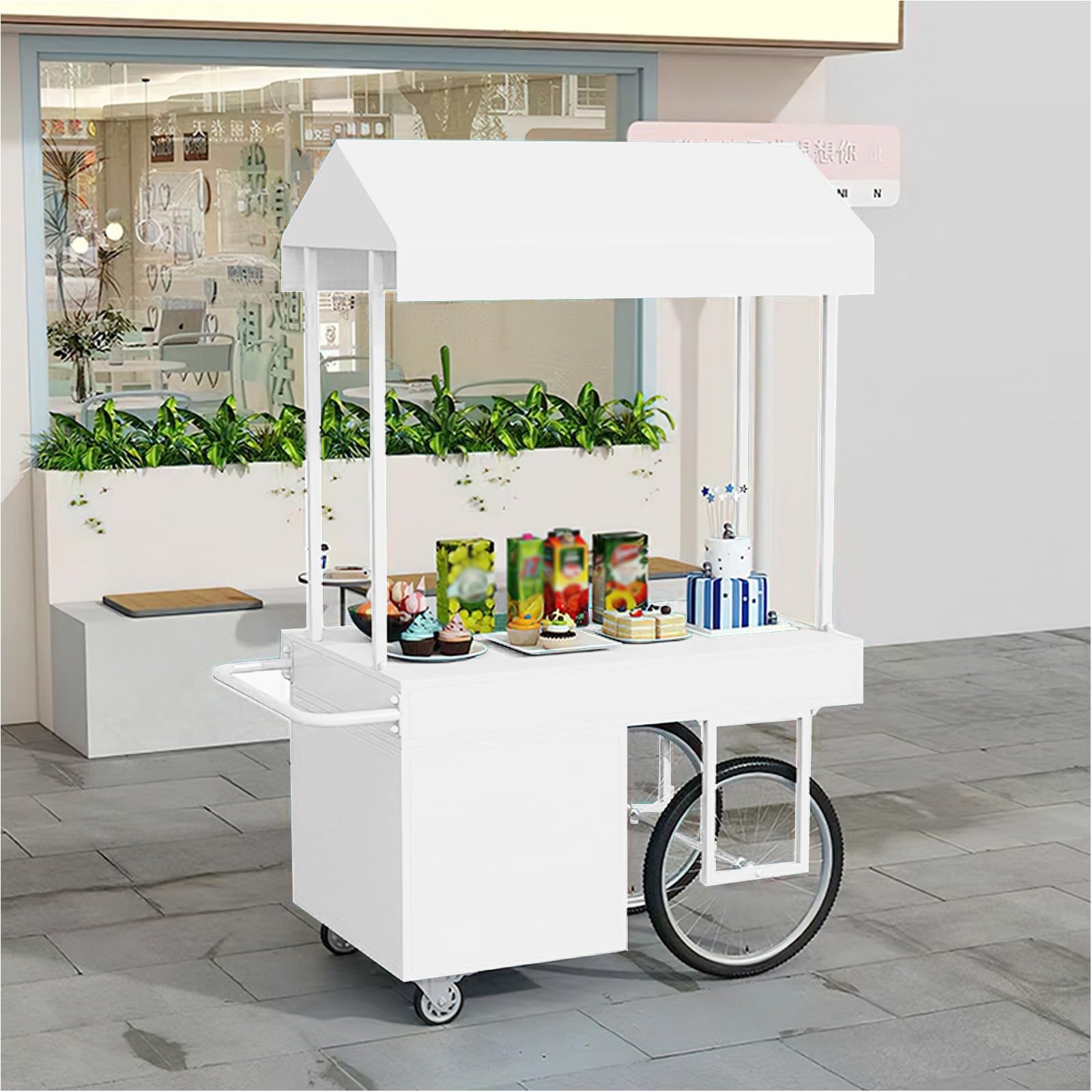 Carrello portatile per alimenti con tettoia, carrello per caffè all'aperto, robusta struttura in metallo, ruote di bloccaggio e scomparti portaoggetti