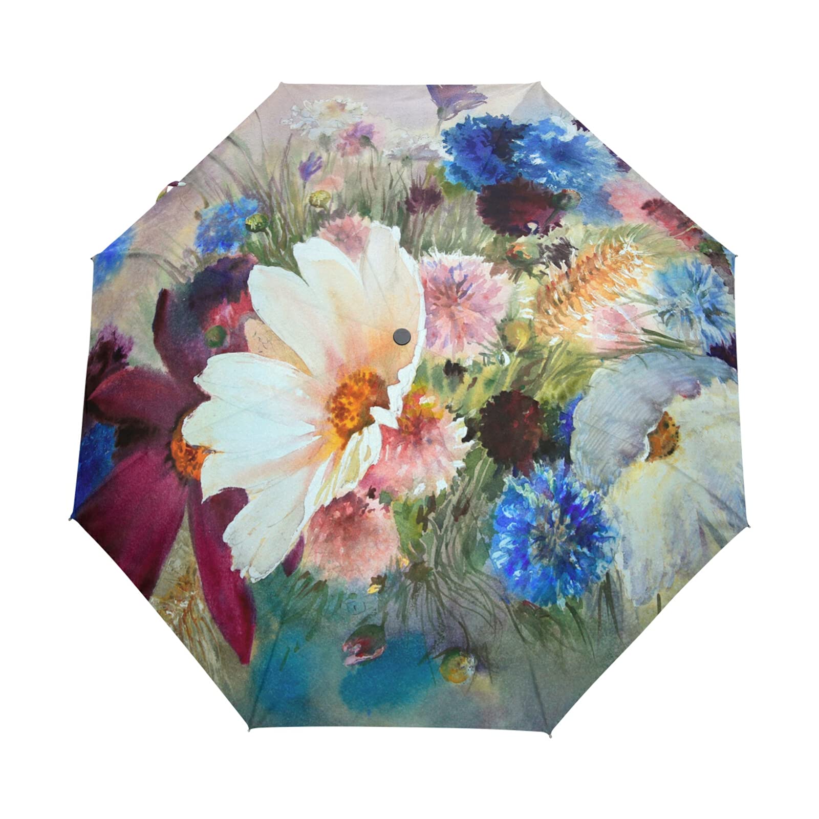 Watercolor Beautiful White Blue Pink Purple Flowers Vintage Style Automatic Folding Umbrella, Portable Strong Travel Rain Umbrella, Auto Open/Close Lightweight Compact Sun Anti-UV Parasol