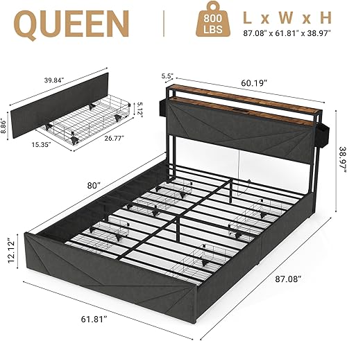 Miniatura 16 de Base de cama de tamaño matrimonial con cabecero, plataforma LED con 4 cajones de almacenamiento, estación de carga integrada, sin ruido, base de