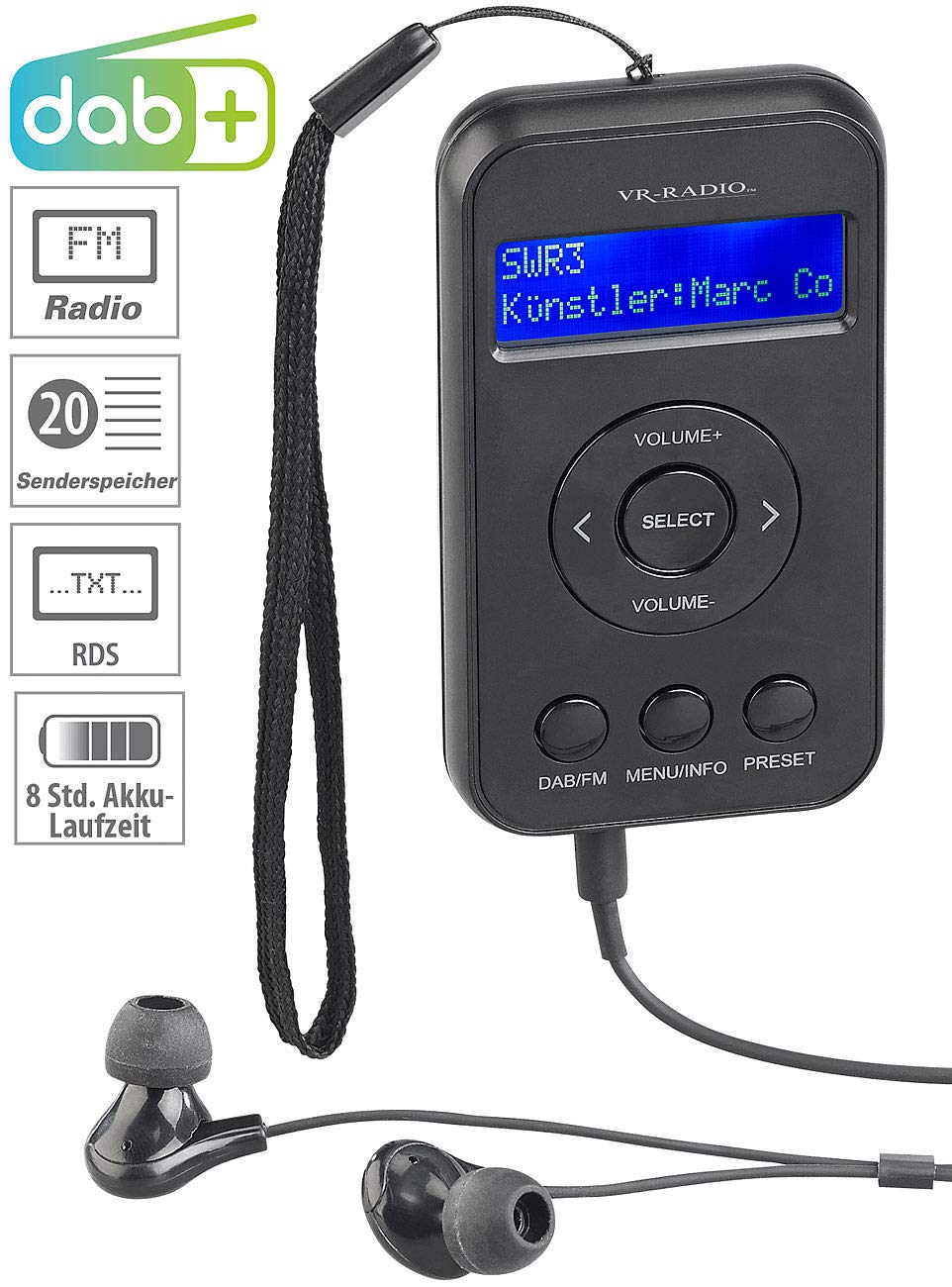 VR-Radio Radio: Digitales Taschenradio mit DAB+/FM, Akku, LCD-Display, DRC & Ohrhörern (Taschenradio mit Kopfhörer, Mini, Plus)