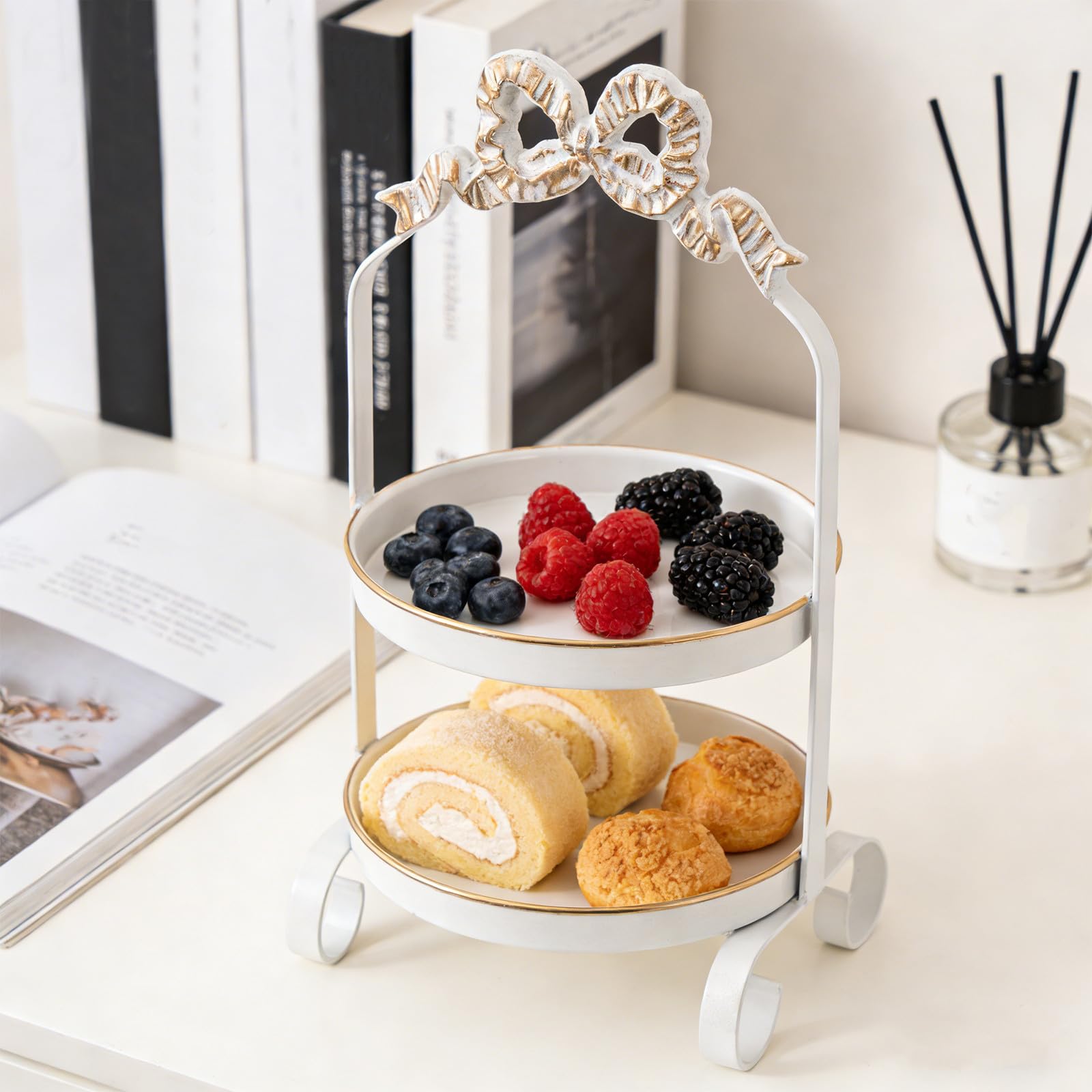 DOITOOL Bandeja de Cocina de Dos Niveles - Bandeja Rústica de Hierro para Servir Postres Y Frutas - Expositor Redondo de Metal Vintage para La Entrada, El Baño Y La Encimera.