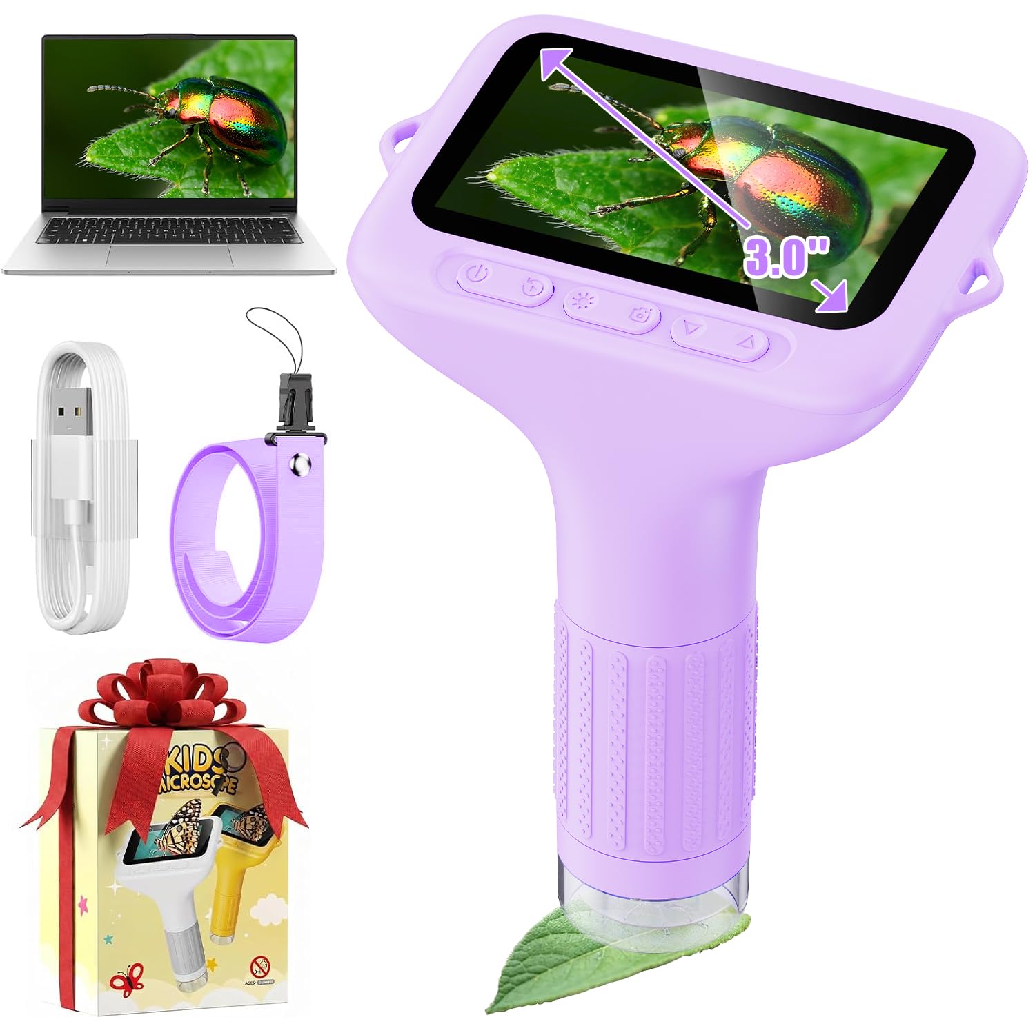 Kids Microscope, 1000X with 3.0" Large IPS Screen (Purple)