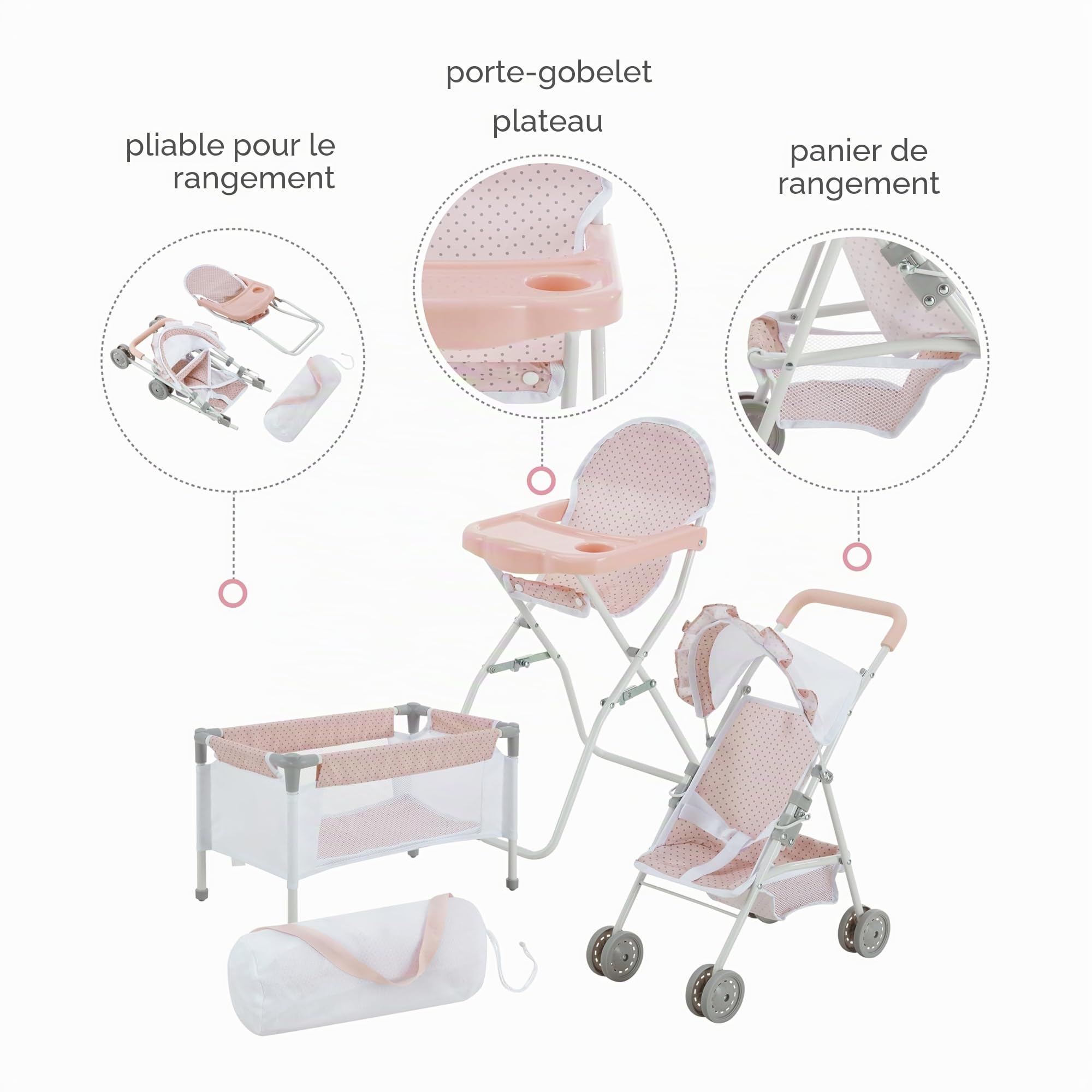 Olivia's Little World Station de Nurserie 3pcs Lit Bebe Chaise Haute et Poussette Rose Gris