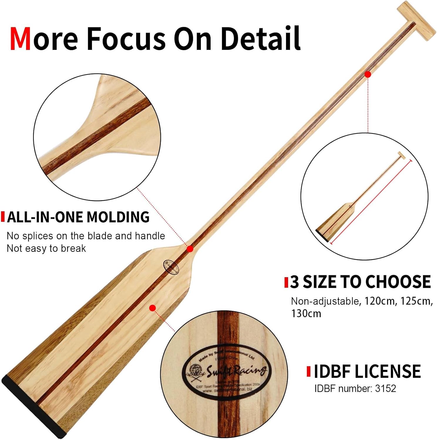 Wood Dragon Boat Paddle, Lightweight Wooden Canoe Paddle with Paddle Bag, IDBF Approved Boat Oars with T Handle for Dragon Boat Paddler, 120/125/130cm(47/49/51in)