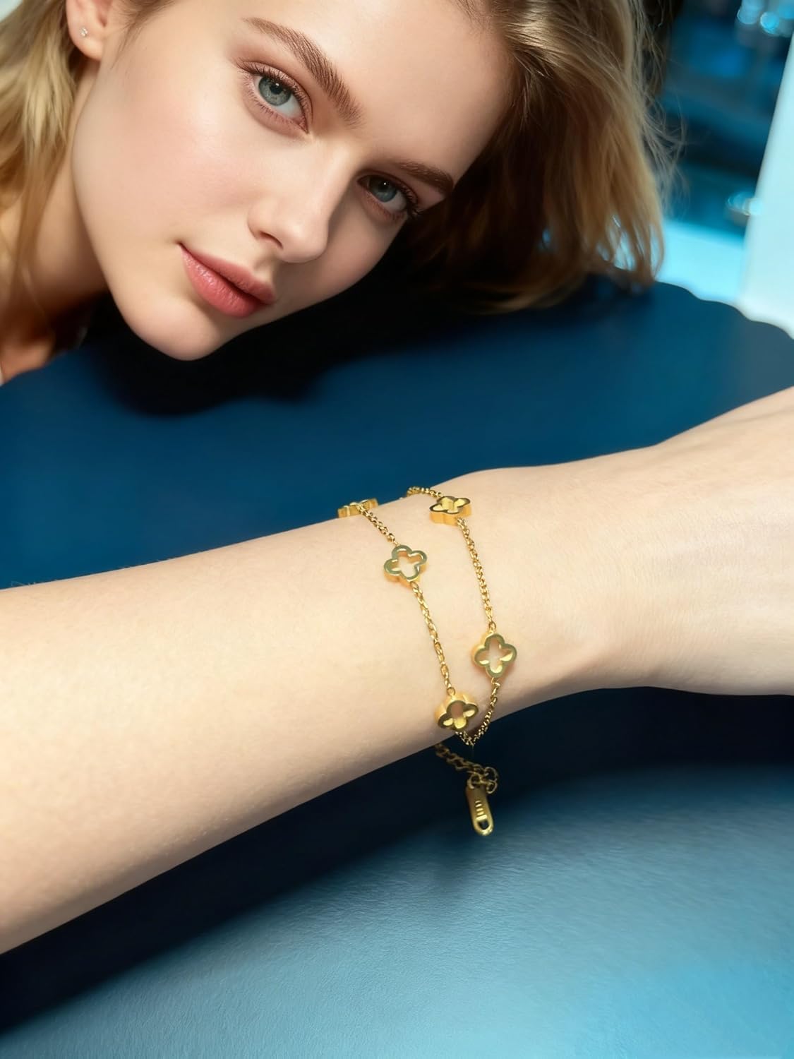 18K Gold Plated Four Leaf Clover Charm Bracelet for Women, Double Sided Flower Link Chain Bracelet, Trendy Jewelry Gifts for Women - Image 4