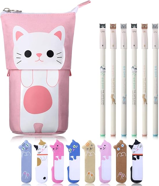 Cartoon Cute Kawaii Cat Stationery Pencil Set Canvas Cat Telescopic Pouch Bag 6 Colorful Cats Design 0.38 mm Black Gel Ink Pens 240 Cat Notes Page Flags Index Tabs (Funny Cat Style)