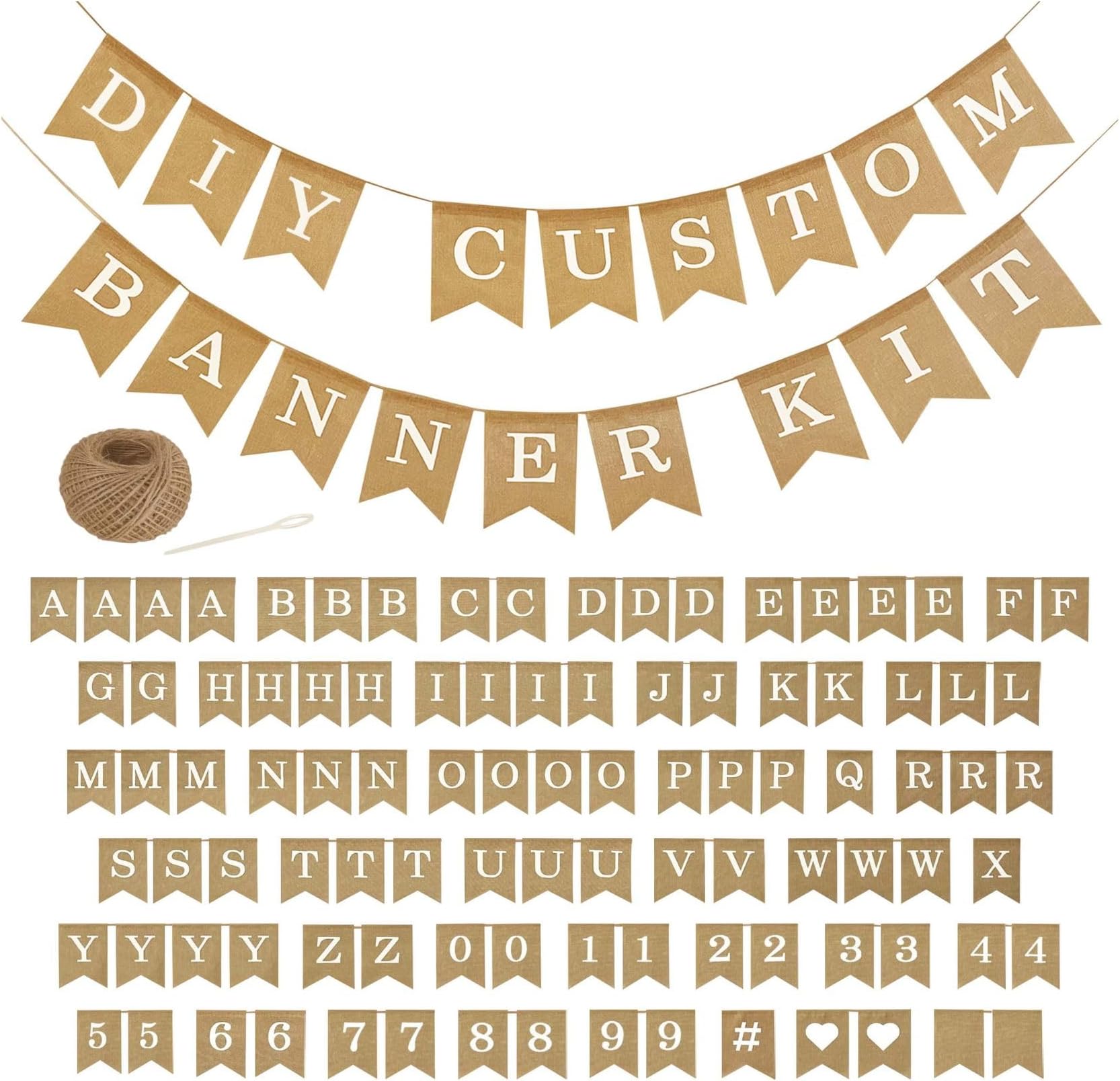 Pre-Printed Banner Kit – 97 BURLAP Flags with WHITE Letters, Numbers & Symbols, Reusable DIY Custom Banner, Make Your Own Personalized Party Banner, Faux Burlap, Includes Twine & 2 Needles