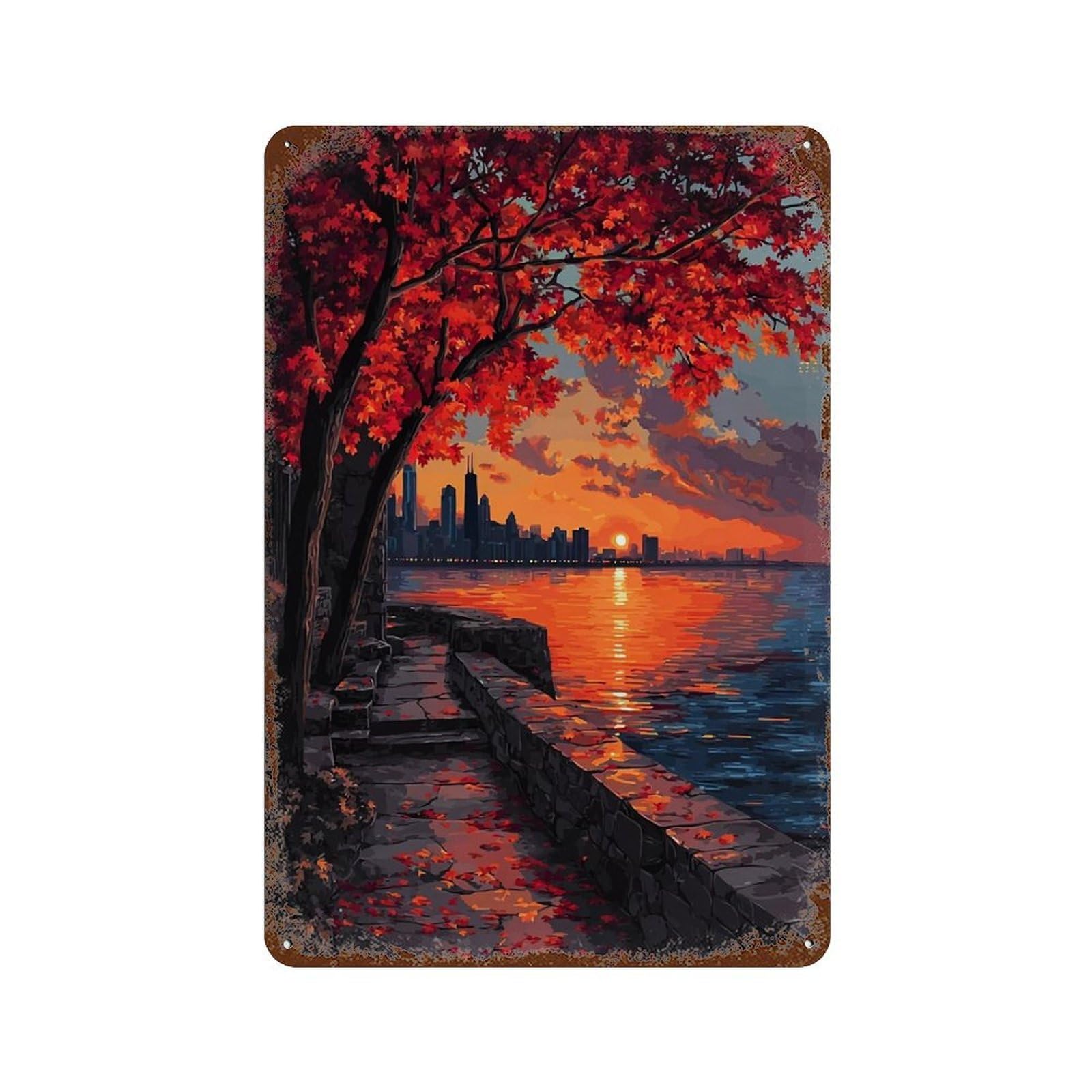 Rustic Tin Plaque with Autumn Sunset Cityscape Design 11.8"x7.9", for Cafe, Home Bar And Lounge Decor, Novelty Wall Decor