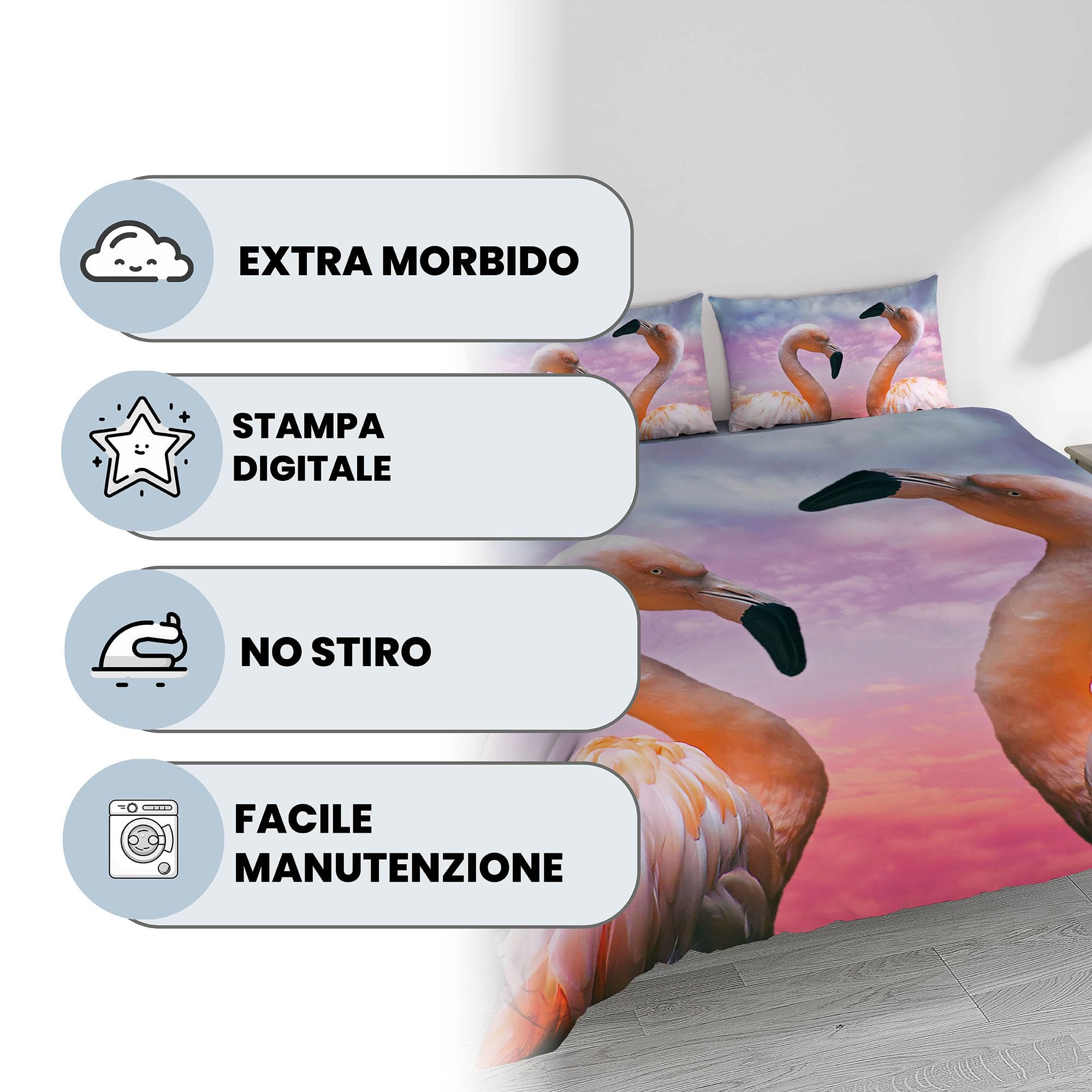 Italian Bed Linen Parure Pokrowiec na kołdrę z mikrofibry z nadrukiem cyfrowym GOODNIGHT, Flamingo, Dwuosobowy