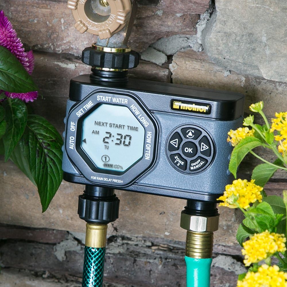 Melnor 53100 2-Outlet Digital Water Timer, Simple and Flexible Programming, Easy Manual Override, Independent Start Time for Each Valve