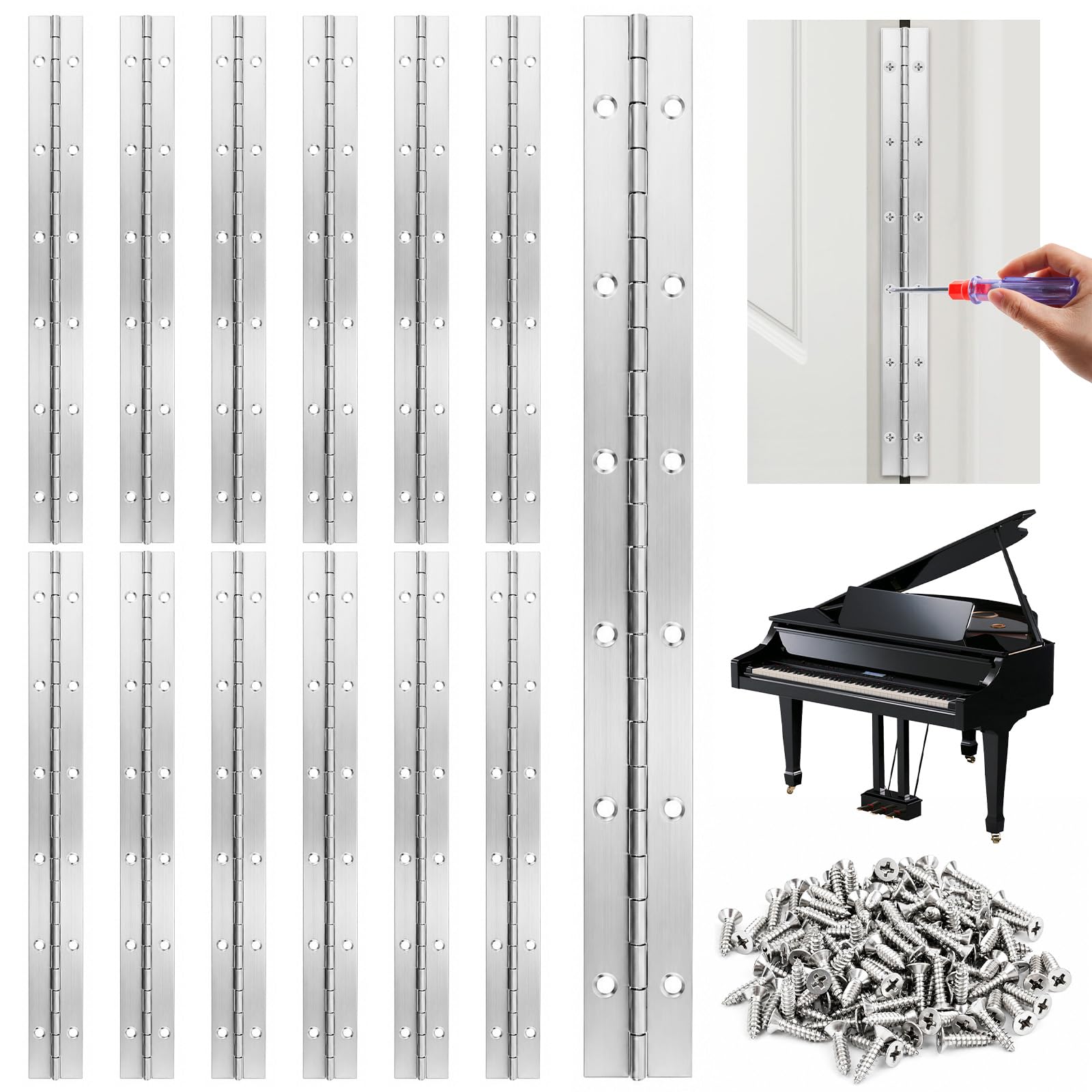 CAIYUANGUANGJIN 12Pcs 30cm/12in Piano Hinges, 304 Stainless Steel Polished Continuous Hinges with Holes, Heavy Duty Metal Hinge for Wood Cabinets Doors Boat DIY