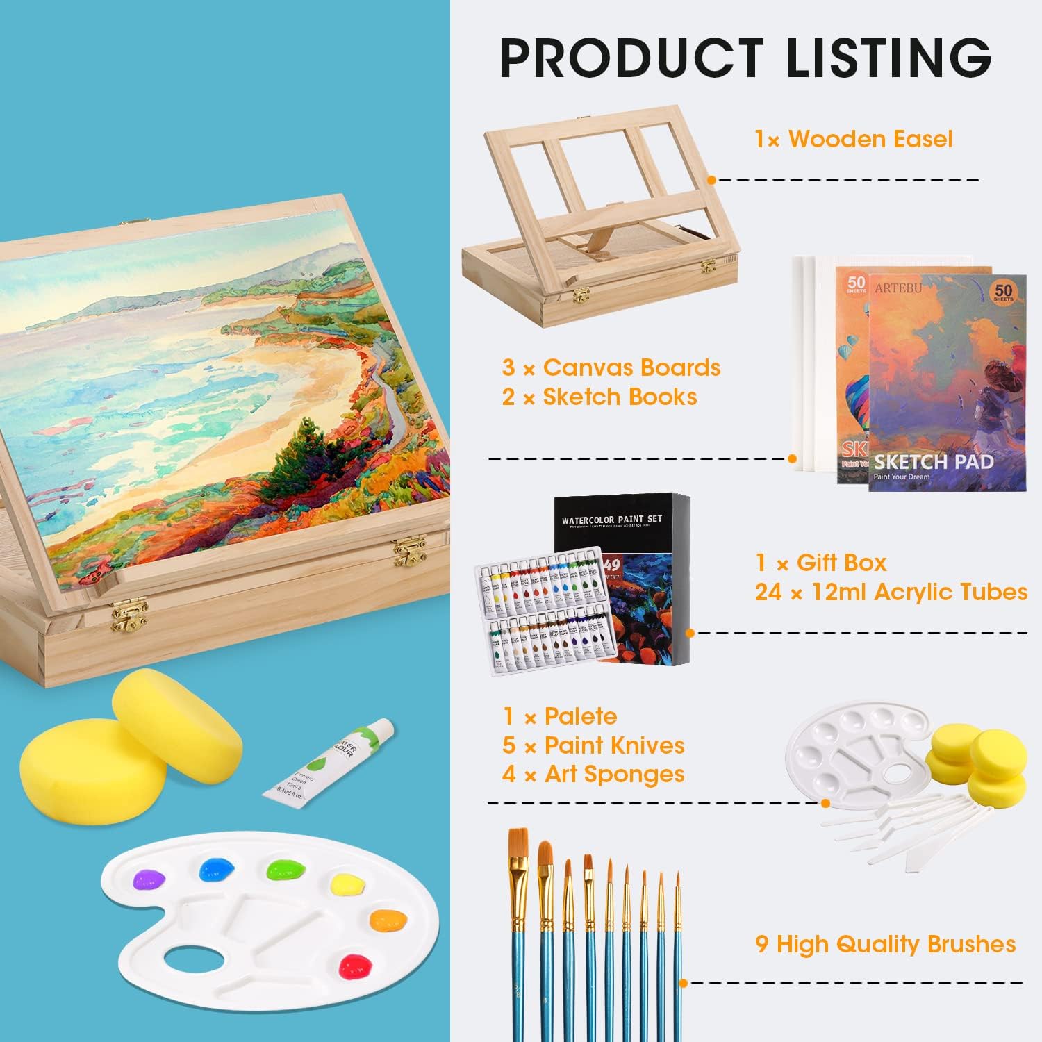 Acrylic Paint Set, 49-Piece Painting Kit with Adjustable Wooden Easel Box-24 Tubes of Watercolor Paints, 9 Paint Brushes, 3 Canvas Boards, Art Paint Supplies for Beginners & Adults