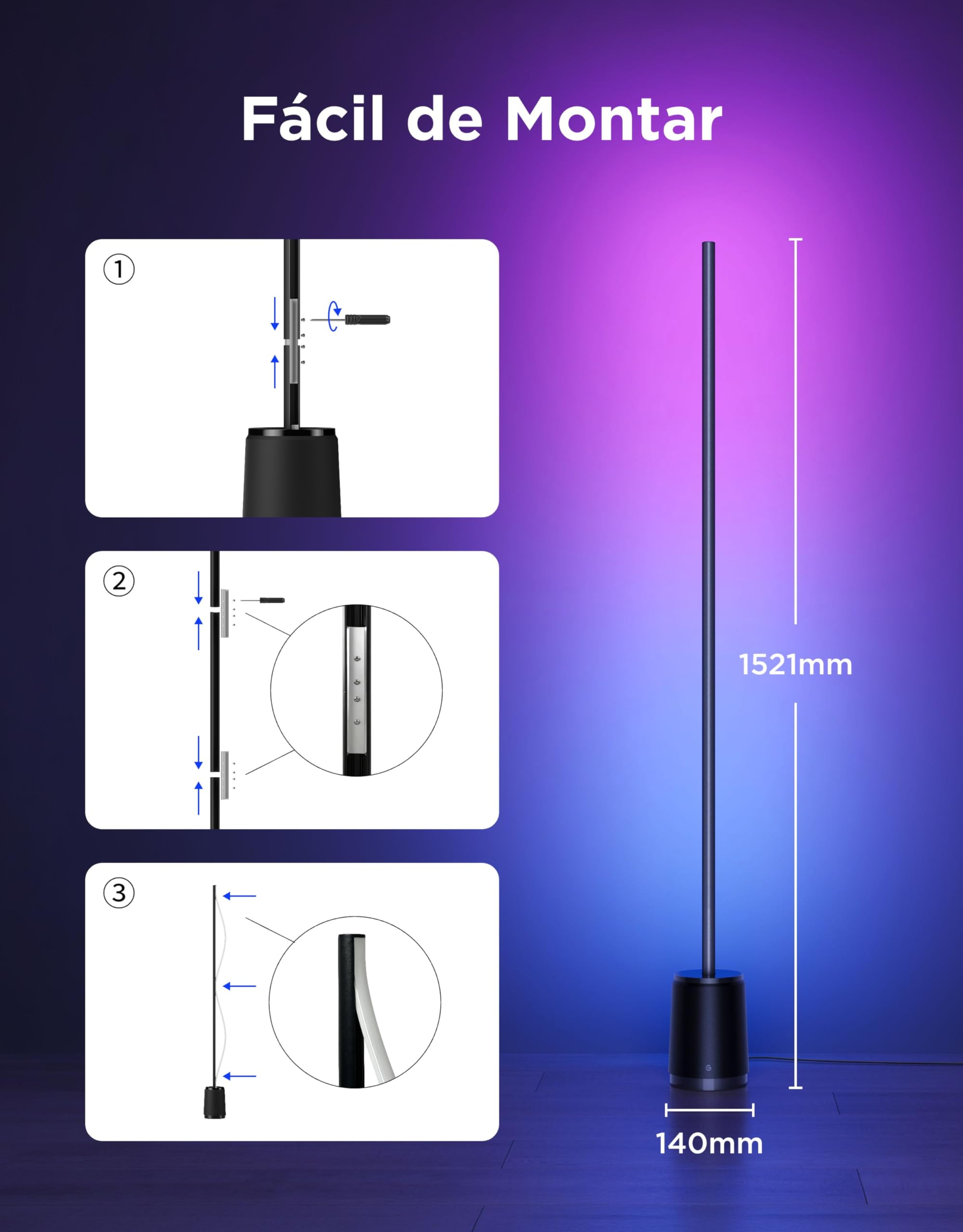 Govee Lampara de Pie 3 Lite RGBICWW, 1400lm Lámpara Salon de Pie LED Regulable 152cm, 2700K-6500K, Sincronización de Música,105+ Escenas y 12 Modos de Música, Compatible con Alexa y Matter, Negro