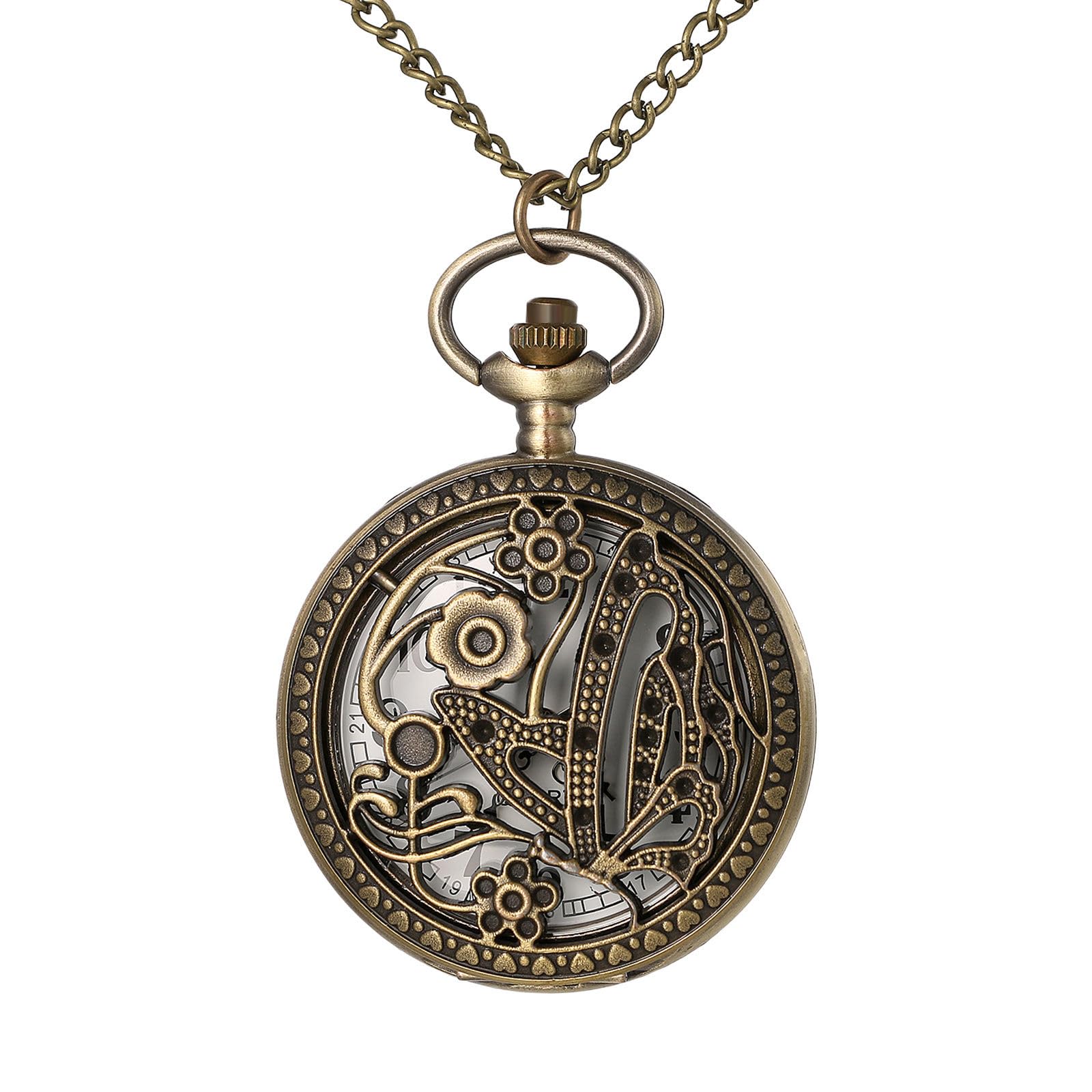 JewelryWe Vintage Butterfly Pocket Watch: Retro Design Bronze Flower Openwork Cover Quartz Pendant Necklace Watches with Chain for Xmas for Mother's Day