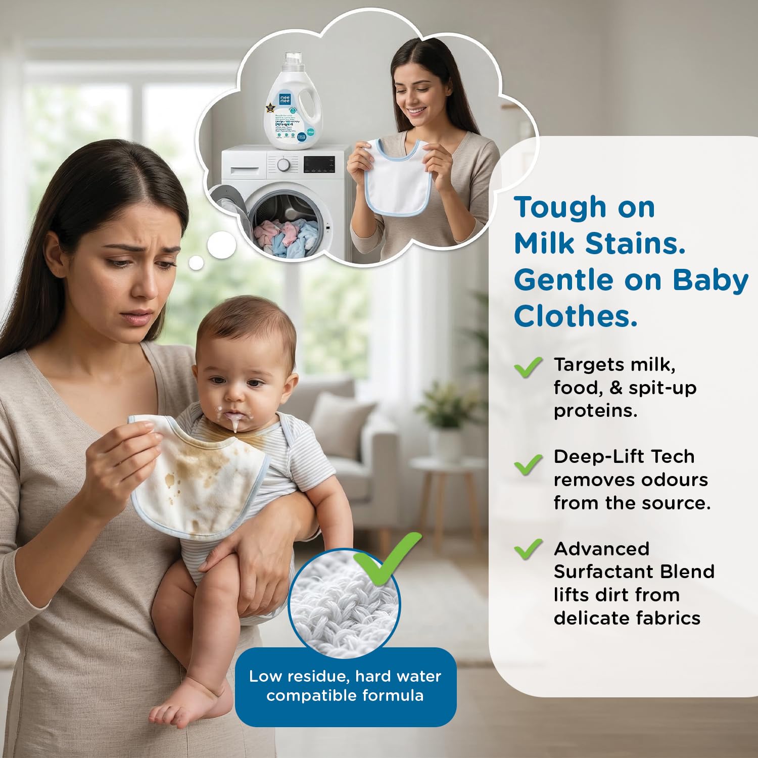 Mee Mee Baby Liquid Detergent 1.5 L | pH Balanced, Free from Harsh Chemicals, Safe for Mother’s Hands & Baby’s Skin | Anti-Bacterial, Removes Stains & Odor with One Drop, Hypoallergenic | Mild Scent 4