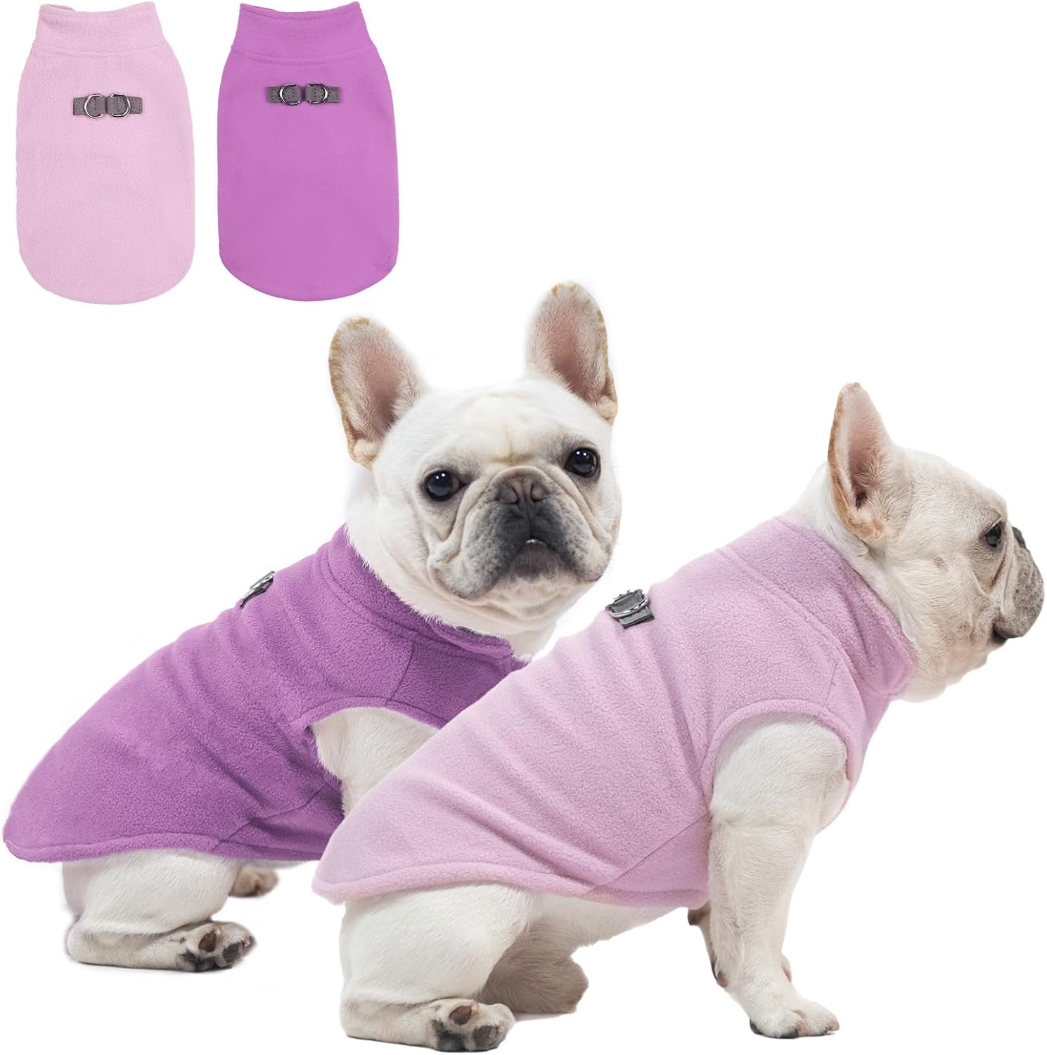 BEAUTYZOO Fleece Dog Sweater Vest 2 Pack, Girl's Soft Stretchy Dog Pullover Sweatshirt with Leash Ring, Winter Clothes (Purple, Pink - XSmall)