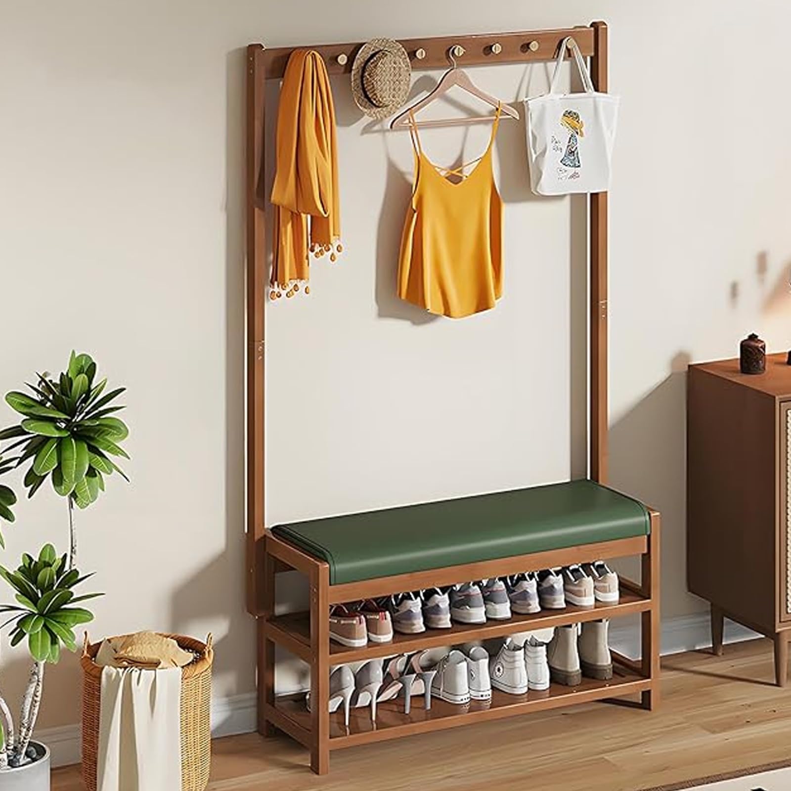 GHFXSCV 3-in-1 Hall Tree with Bench & Shoe Sto, Freestanding Entryway nizer with Soft Cush, 102cm Green Mudroom Fur for Hallway & Entry, & Functal