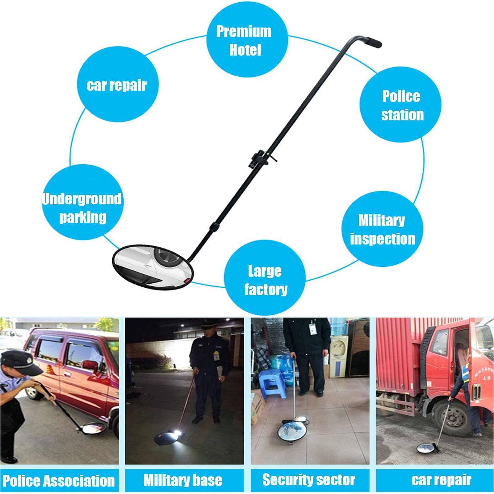 Espejo de inspección de Bajos de vehículos, Espejo Convexo telescópico 2X con luz LED y Ruedas universales, Reflector de inspección de vehículos,