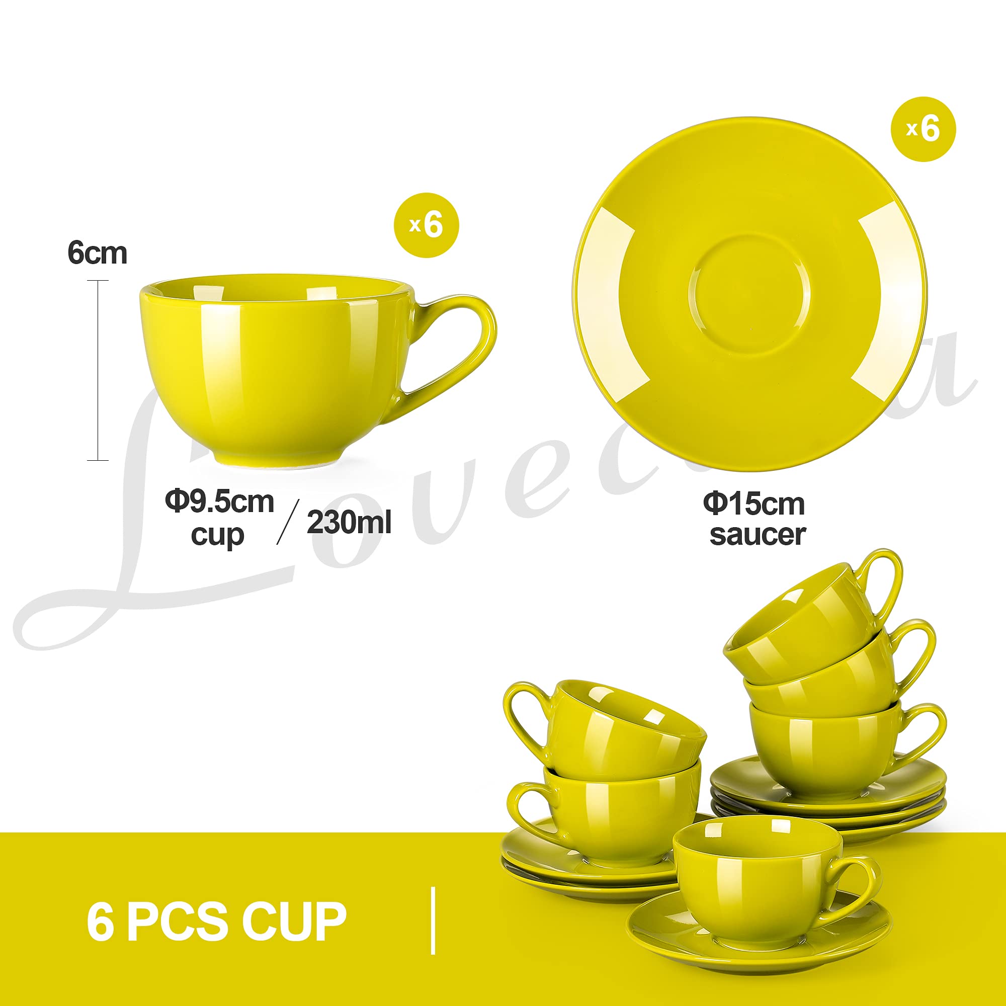 LOVECASA SWEET - Servizio da caffè in porcellana, 12 pezzi, con piattini, per 6 persone, 230 ml
