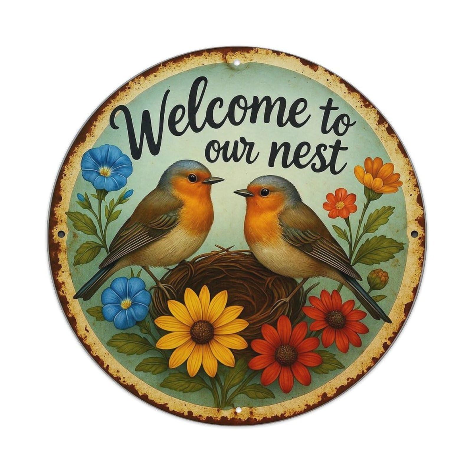 Welcome To Our Nest Birds Flowers Tin Sign Metal Poster Vintage Metal Signs for Home Man Cave Bar Cafe Kitchen laundry room Wall Decorations 8x8 inches