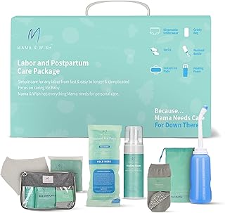 Mama & Wish Postpartum Essentials Kit for Mom - Post Partum Recovery Kit for Labor and Delivery with Hospital Essentials for Women After Birth - Includes Peri Bottle, Witch Hazel Comfy Garments & More