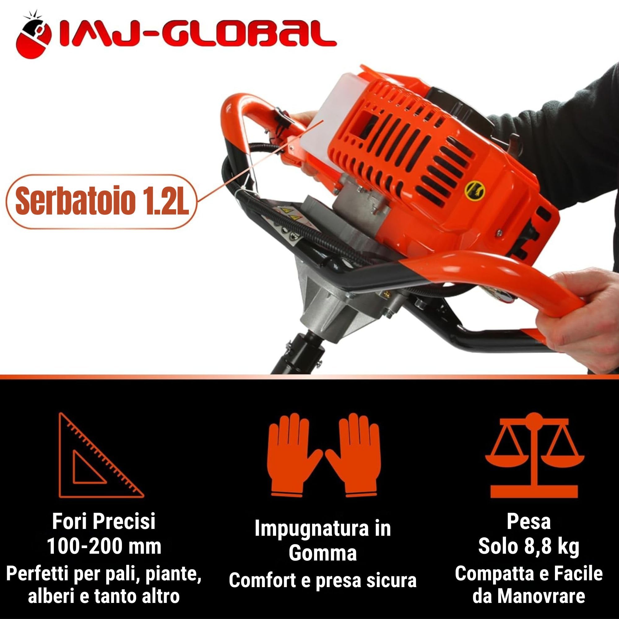 IMJ-Global - Trivella a Scoppio DEMON da 62cc - 5,2CV con Motore a 2 Tempi Miscela Benzina:Olio, Trivella per Terreno, da Giardino, Mototrivella a Scoppio Professionale com 3 Punte Ø100mm, 150mm 200mm