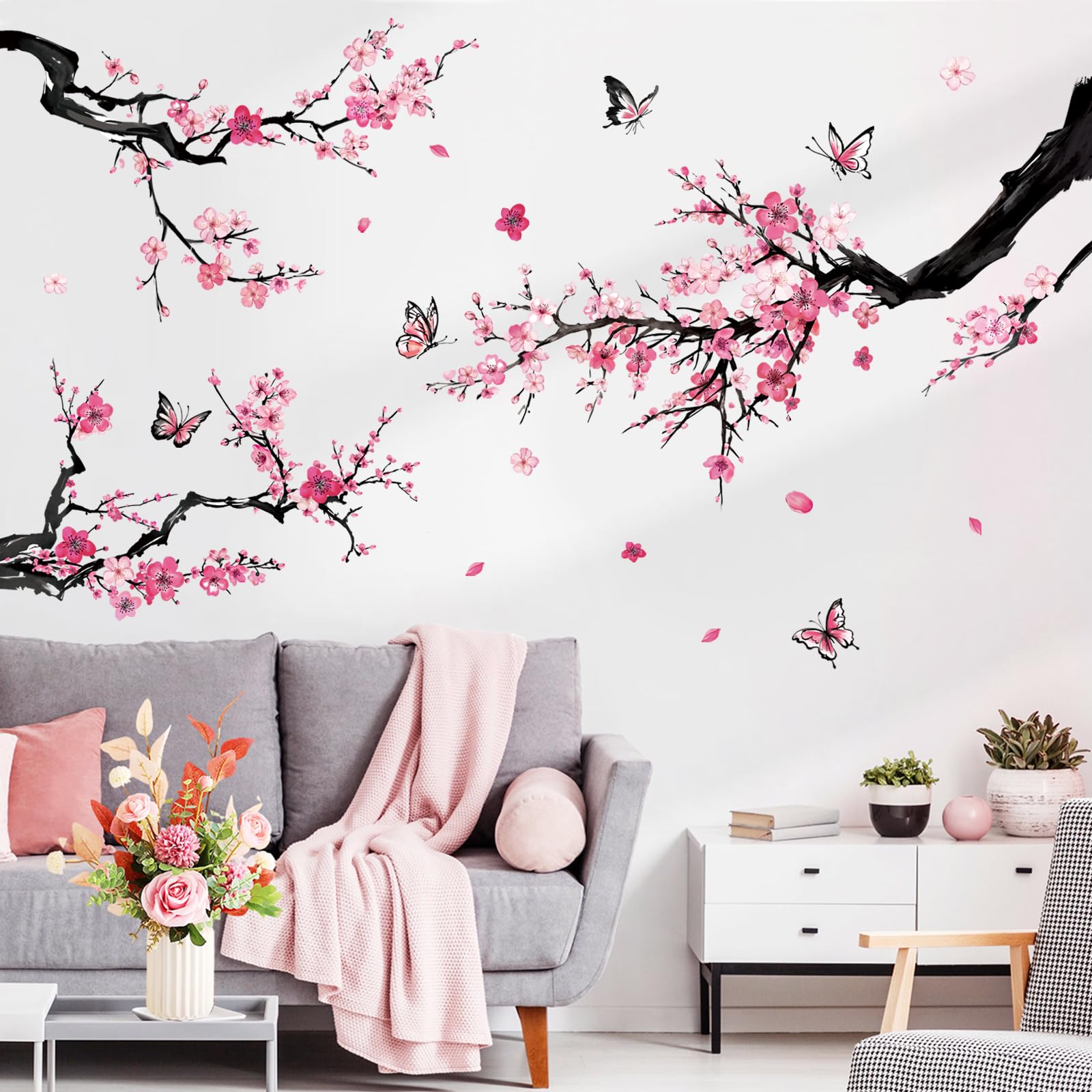FUFUQUARE Pink Plum Blossom Floral Wall Stickers Removable Flower Branch Birds Wall Decals Peel and Stick Decor for Living Room Bedroom Nursery - Image 3